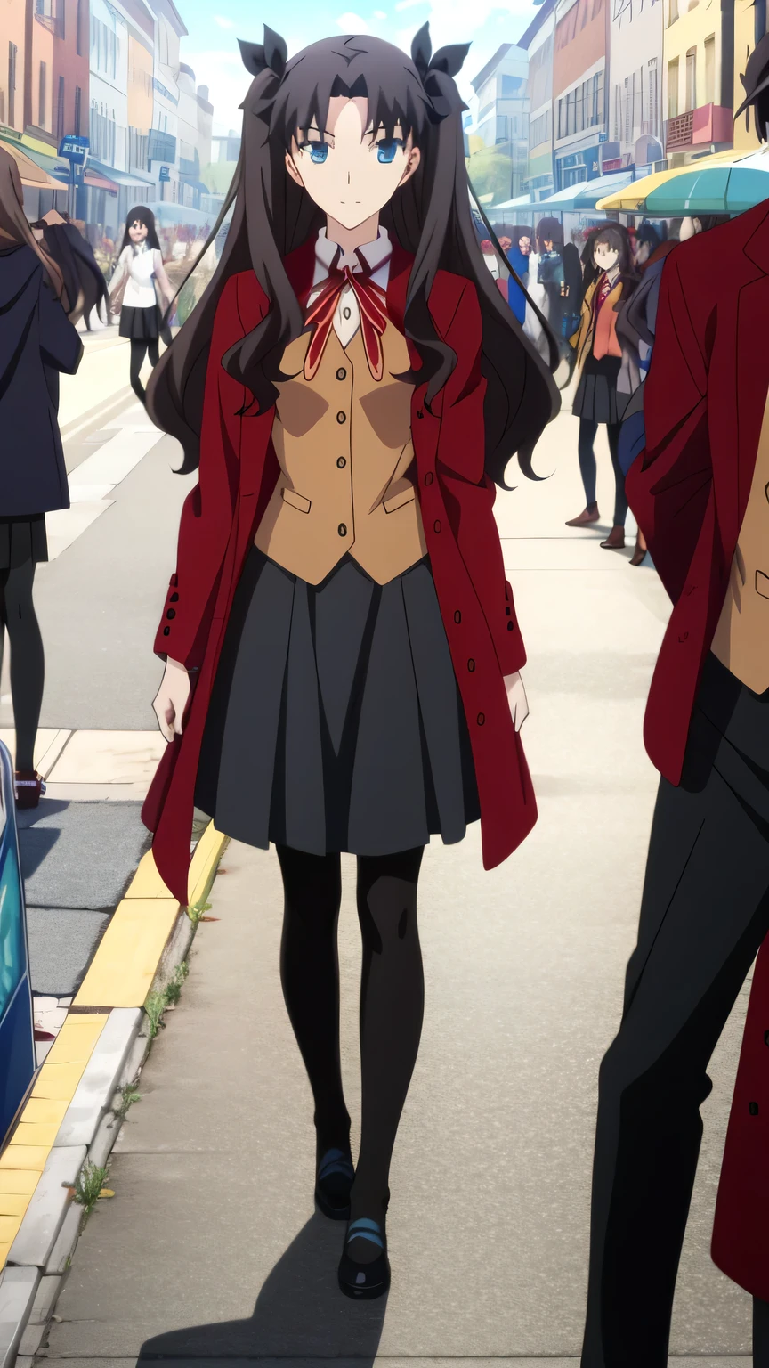 {{{masterpiece}}}, (best quality:1.5), (ultra-detailed:1.5), {illustration}, {{an extremely delicate and beautiful}}, (beautiful detailed eyes:1.6), absurdres, highres, extremely detailed face, 16k, hd, visual anime de uma jovem mulher, extremamente bonito rosto de anime, anime melhor garota, (perfect hands, perfect anatomy), anime face, Tohsaka Rin(Fate/stay night), ChopioTohsakaRin, 1girl, solo, cute face, black hair, long hair, two side up, parted bangs, black hair ribbon, round face, big eyes, aqua eyes, (High resolution eyes, Beautiful eyes, Light in the eyes), medium breasts, big hips, curvaceous, BREAK, outfit_1, red coat, long sleeves, buttons, collared shirt, neck ribbon, brown vest, black skirt, (long skirt:1.3), pleated skirt, black pantyhose, BREAK, In town, standing, outdoor, daytime, crowd of people, posing, looking at viewer