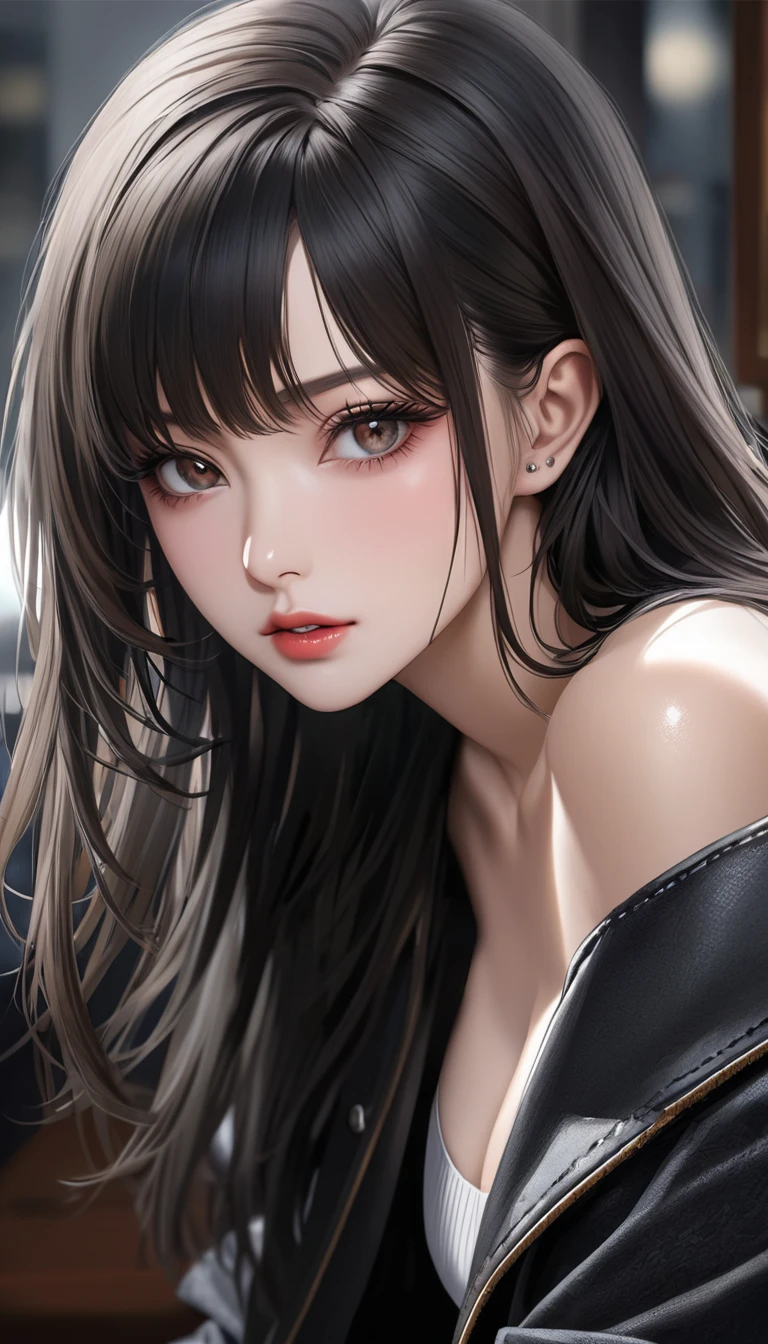 ((The most beautiful supermodel)) ((portrait, face photo)) ((blue eyes)), ((dark eyeshadows make up)) ((red lips)) ((long black hair)) ((big breast:1.5)) ((skinny body:1.3)) ((wear tight black silk strapless dress, mini dress)) ((stocking)) ((seductive supermodel pose inside photostudio, black background and neon light reflectors above her))((high definition:1.5), ((masterpiece:1.5))((8k:1.5)) ((Best quality:1.4)), more_details:-1, more_details:0, more_details:0.5, more_details:1, more_details:1.5, vibrant color