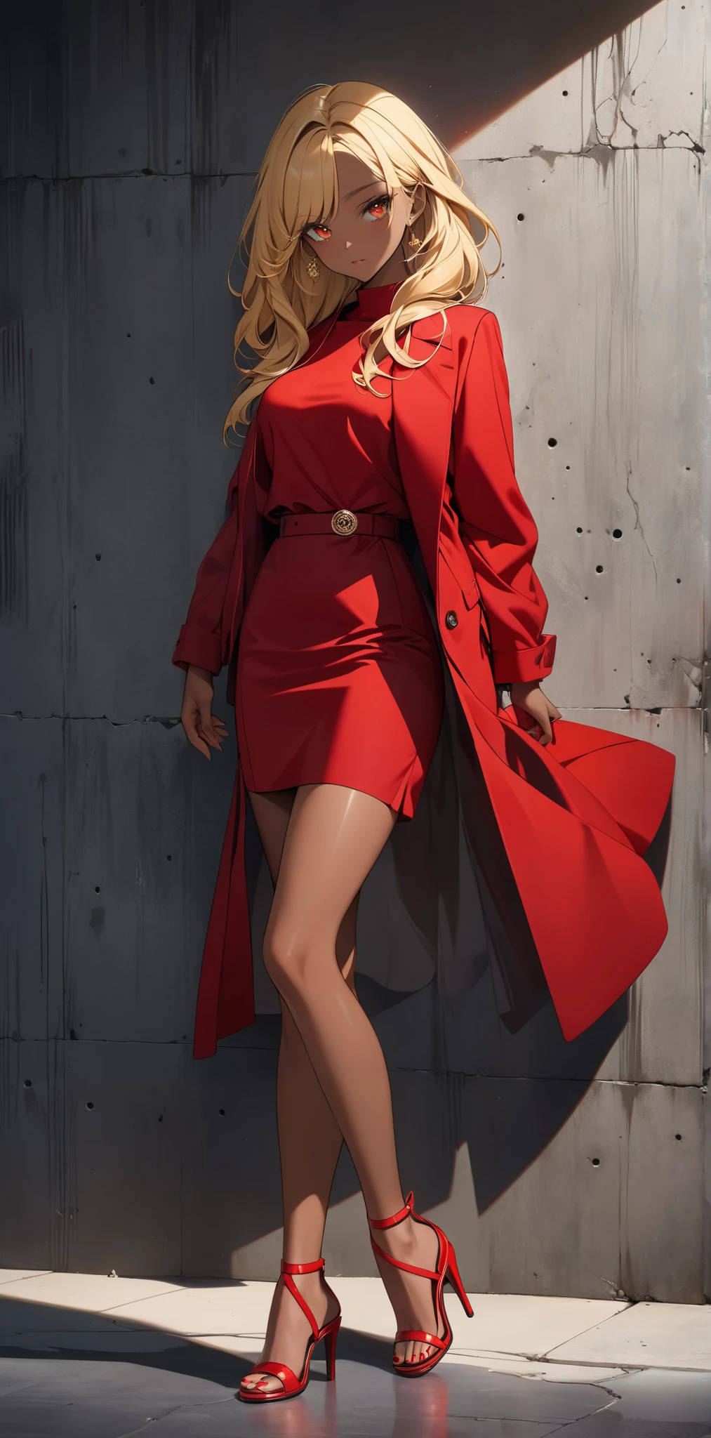 tall woman, slim, White skin, green eyes, Red hair tied in a high ponytail, dressed in a short red dress and black heels and a white coat