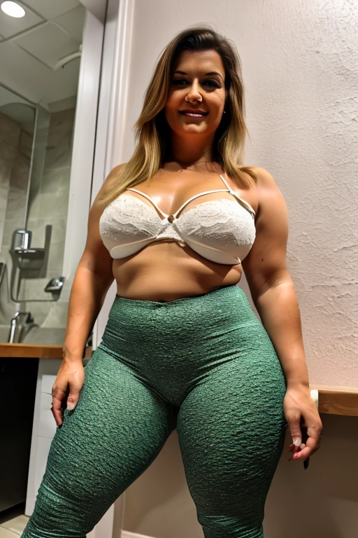 RAW photo, taking a selfie, (Beautiful Mid-twenty Latin Brazilian Mommy Woman), (Suntan_Skin), (Athletic_Muscle_Body), (Gorgeous Long Blonde Hair Bangs), (Fleshy_Luscious_Lips), Glasses, Sexy, naughty face, Looking at Viewer, (high detailed Skin:1.3), (Cleft_Chin), beautiful detailed eyes, (Full_Body), (wearing Tank Top Shirt and Shorts denim), (in_Home_BedRoom), 8k uhd, dslr, soft lighting, high quality, film grain, Fujifilm XT3, (maximalist photo 8k resolution, intricately detailed, complex, elegant, expansive, fantastica), high quality, hollywood lips, wide jaw line, wide lips, narrow beautiful nose