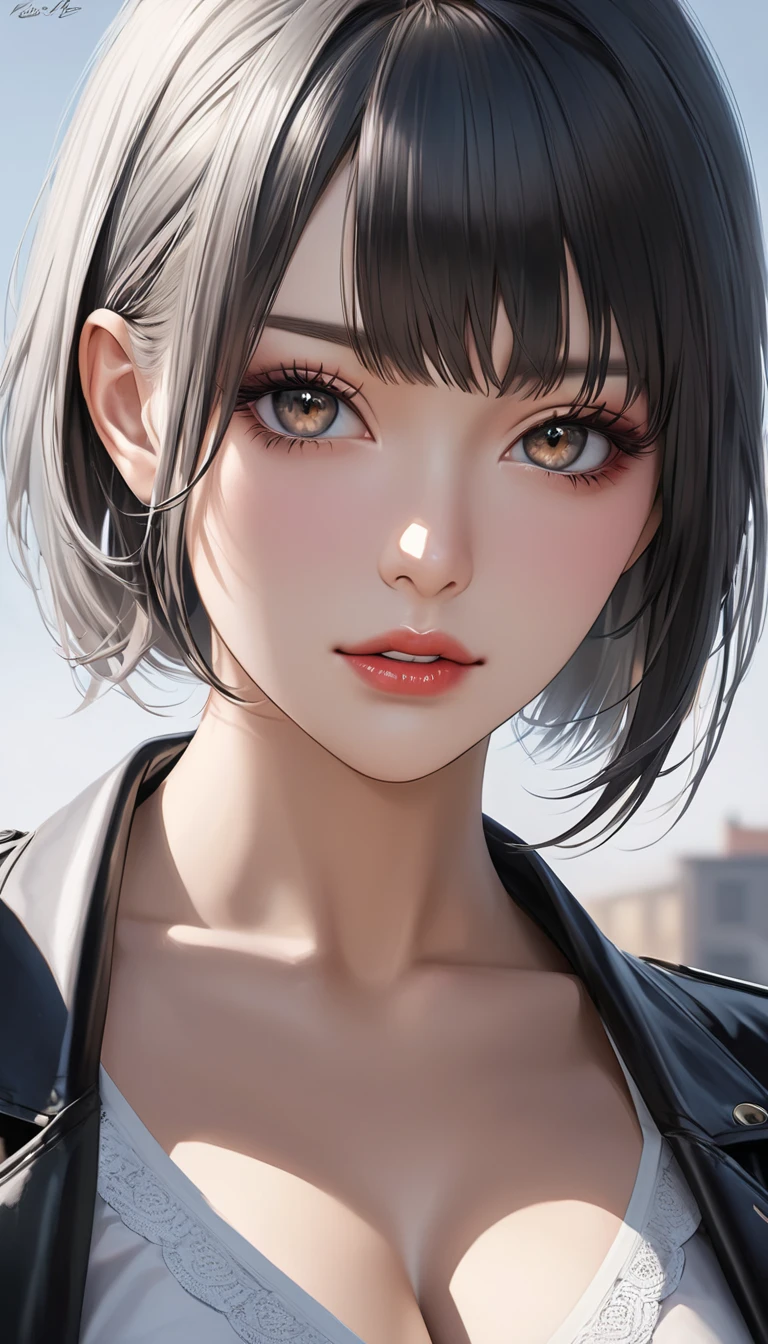 best quality, masterpiece, High resolution, a girl, office clothing, necklace, jewelry, pretty face, big breasts, more than_Body, Tyndall effect, lifelike, dark studio, edge lighting, two-tone lighting, (HD skin: 1.2), 8K Ultra HD, SLR camera, soft light, high quality, Volumetric lighting, frank, photography, High resolution, 4K, 8K, Bokeh,