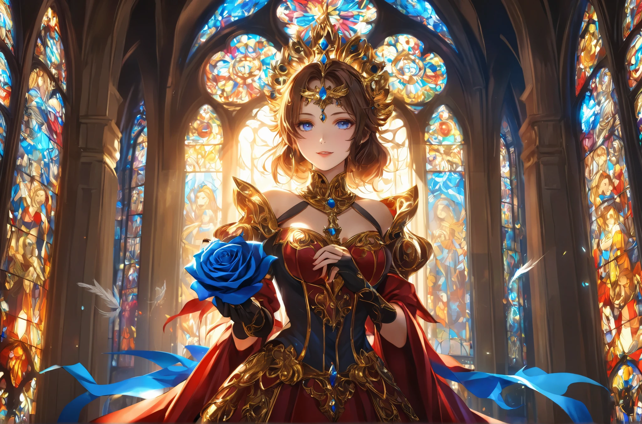 A mystical aura shining from gothic-style stained glass with dazzling sunlight. The majestic church is illuminated by the golden color of magical energy。
A woman dressed gorgeously with feather ornaments, a Colombina mask, and a Venetian-style red dress holds a blue rose in her hand。