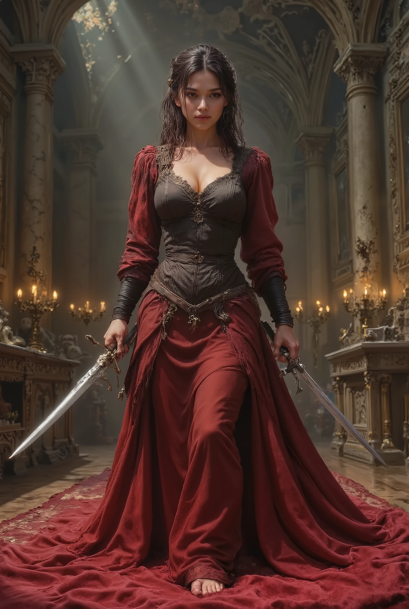 Create an image with realistic advanced image quality and resolution, featuring full body detailed depiction of a woman wearing a Victorian pirate inspired, full long dress outfit in red, with sweetheart neckline, angel sleeve. Curly hair. ((active fighting pose)) ((one sword in one hand)). dark oil paint background. Red and black color pallet, dramatic lighting.