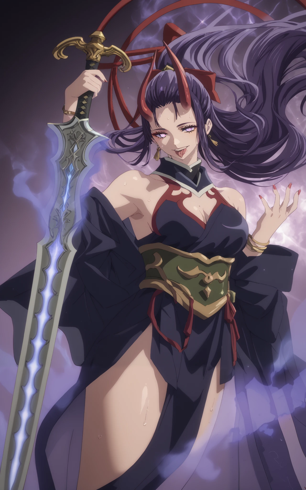 Takahiro style, score_9, score_8_up, score_7_up, score_6_up, uncensored, SHIKOKU_(MATO_SEIHEI_NO_SLAVE), purple hair, purple eyes, slit pupils, long hair, hair bow, red bow, ((parted bangs)), ribbon trim, ((half updo hair)), straight hair, medium breasts, bright pupils, anime coloring, anime screencap, (voluptuous:1.3), (thick:1.3), BREAK UHD, retina, masterpiece, accurate, anatomically correct, textured skin, super detail, high details, high quality, award winning, best quality, highres, 4K, excessive sweating, sweating, sweating drop, (gasping, heavy breathing:1.3), (skindentation:1.2), perfect eyes, beautiful eyes, eyelashes, makeup, detailed body, perfect body, BREAK, eyeliner, breasts, makeup, japanese_clothes, magatama, weapon, sword, kimono, bare_shoulders, smile, tail, looking_at_viewer, jewelry, navel, wide_sleeves, purple_kimono, tongue_out, cleavage, earrings, tongue, sash, thighs, revealing_clothes, bracelet, obi, detached_sleeves, collarbone, smirk, off_shoulder, (aura:1.4), oni, oni horns, multiple horn, glow effect, glowing