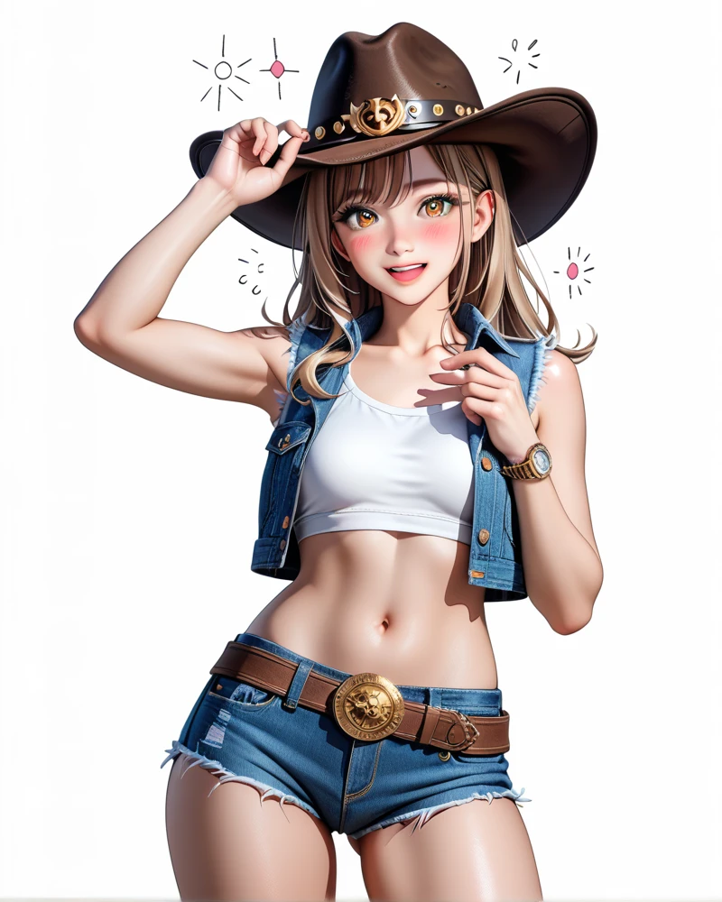 (1girl, solo, masterpiece, 4k, best quality:1.2, (cowboy shot), best quality:1.2, NICE HANDS, COLORFUL, (perfect hands, perfect anatomy)),
moo-tan, cow girl, hat, neckkerchief, vest, tube top, cleavage, cow print, denim shorts, short shorts, chaps, cow tail, pink hair,
((small breasts, BIGC hips, looking at the viewer)), (((mature woman))),
((simple background, white background)), <lora:GoodHands-vanilla:1>
