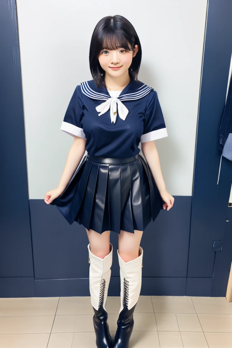 best quality, masterpiece, realistic, photorealistic, 1girl, solo, looking at viewer, smile, standing, full body, arms at side, cosplay, BLACK hair, twintails, hair ornament, very short hair, headphones, alternate costume, , sailor collar, shirt, long sleeves, necktie, skirt, pleated skirt, white thighhighs, loafers, simple background, Japanese women、24-years-old、The background is a pure white room