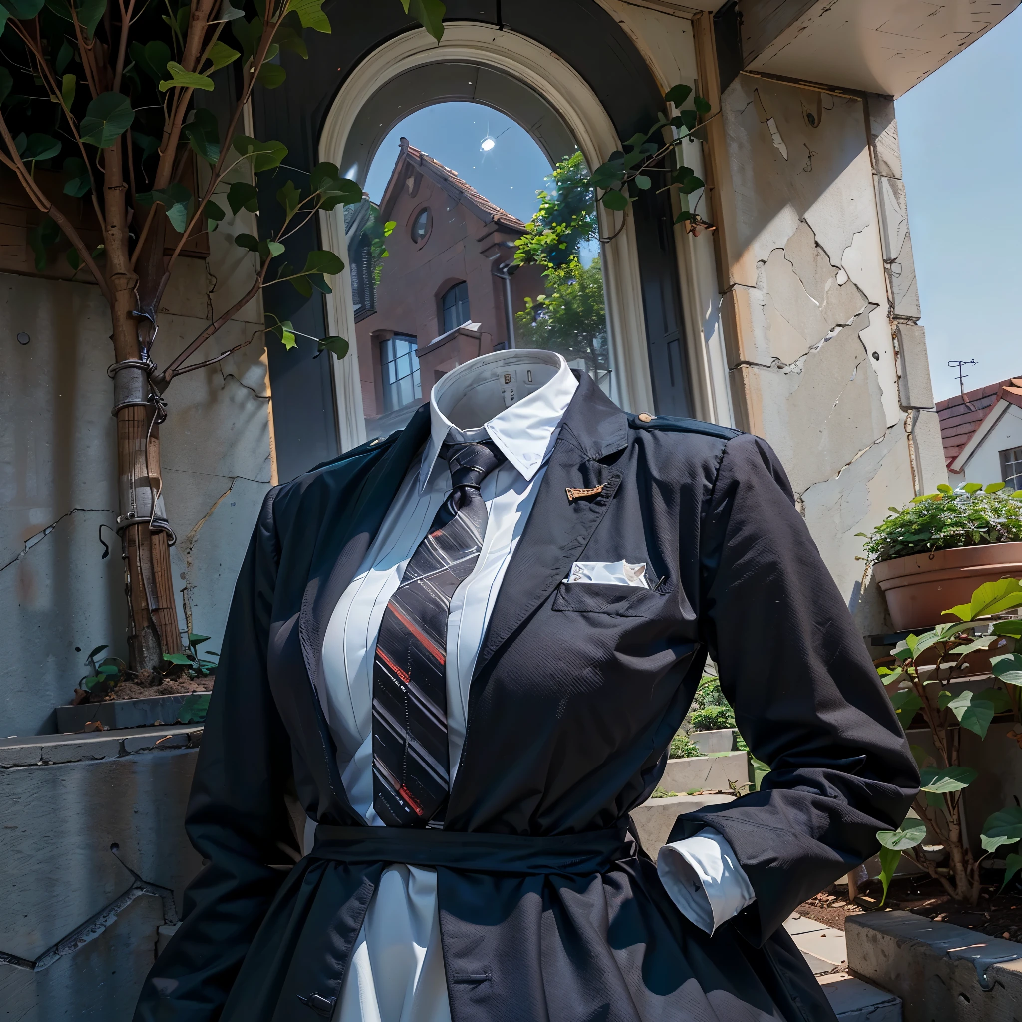 (invisible, no humans, headless, handless, faceless:1.5), 1girl, highres, stripe tie, school uniform, black dress, red ribbon, long sleeves, neck ribbon, school jacket, collared dress, in garden, photon mapping, radiosity, ((Hasselblad photography)), physically-based rendering, detailed cloth texture, arched back
