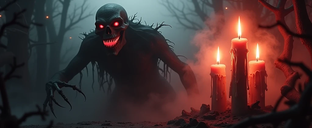 A dark and eerie horror-themed YouTube banner, measuring 1546 px by 423 px, featuring a sinister and chilling atmosphere. The background should be a blend of deep black and marsala tones, creating a haunting and mysterious ambiance. In the foreground, several melting candles with dripping wax stand tall, their flickering flames casting eerie, elongated shadows. The wax appears almost organic, forming grotesque shapes as it drips. The candlelight illuminates the scene with an unsettling glow.

Emerging from the darkness behind the candles, a terrifying, shadowy creature lurks. It has a gaunt, elongated face, hollow, glowing red eyes, and an unnerving grin filled with jagged, sharp teeth. Its twisted, skeletal fingers stretch forward as if reaching out from the abyss. The creature's body is partially obscured by swirling mist, but glimpses of its distorted, nightmarish form can be seen through the darkness. Its presence should evoke fear and unease, as if it is watching from the void.

Subtle details should enhance the eerie atmosphere—faint whispers of ghostly figures in the fog, claw-like branches creeping in from the edges, and distorted faces momentarily appearing within the shadows. The lighting should be dramatic, with the candles casting eerie highlights and deep shadows, emphasizing the sinister mood.

No text should be present—only a visually striking and terrifying artwork that immediately captures attention and sets the perfect tone for a horror storytelling channel.