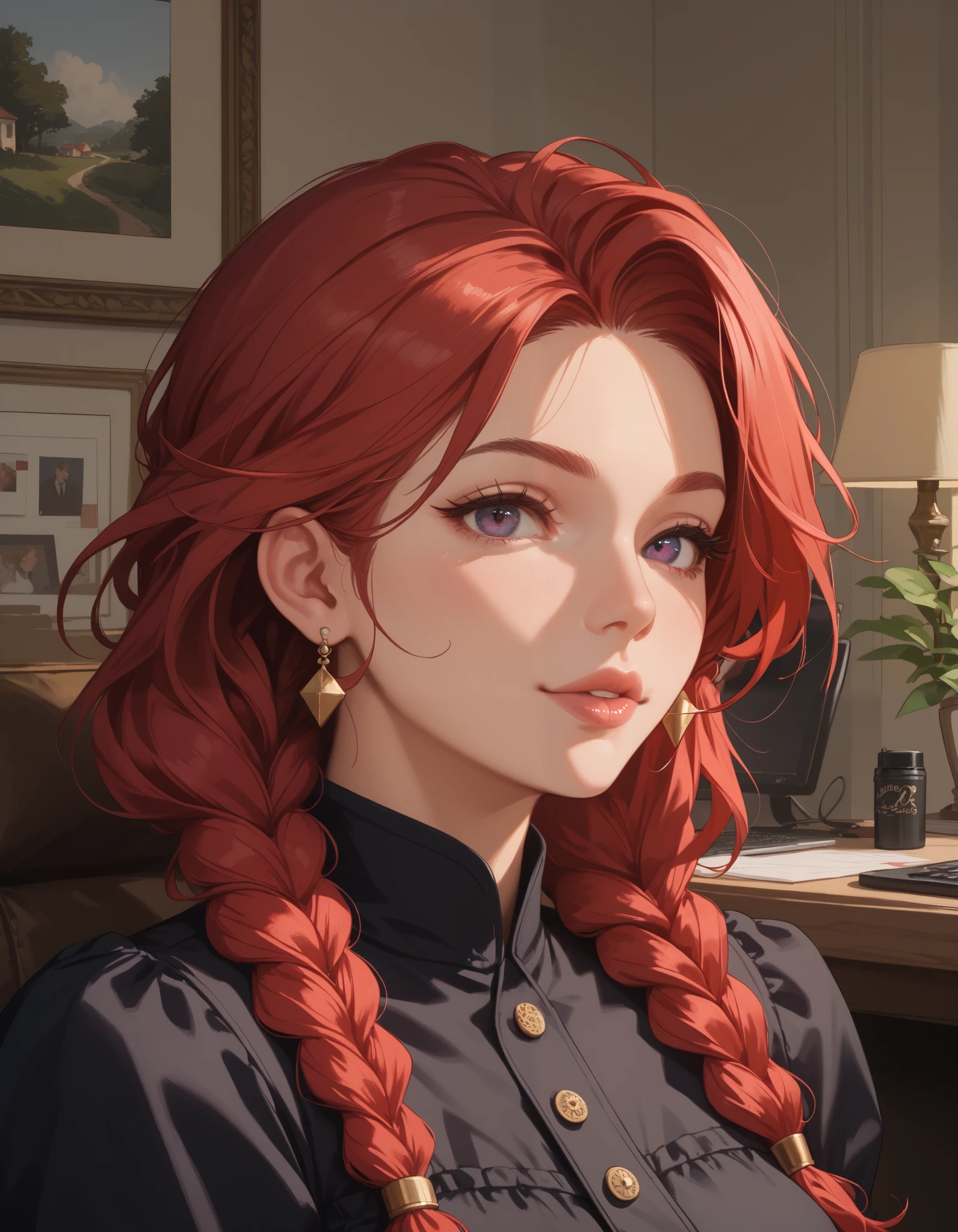 solo focus, 1girl , (masterpiece, high quality:1), portrait of a beautiful red-haired girl. bright red hair, long in a braid, black clothes, checker , dark eye color. remotely . waist-deep , adult, 40 years old, очень adult