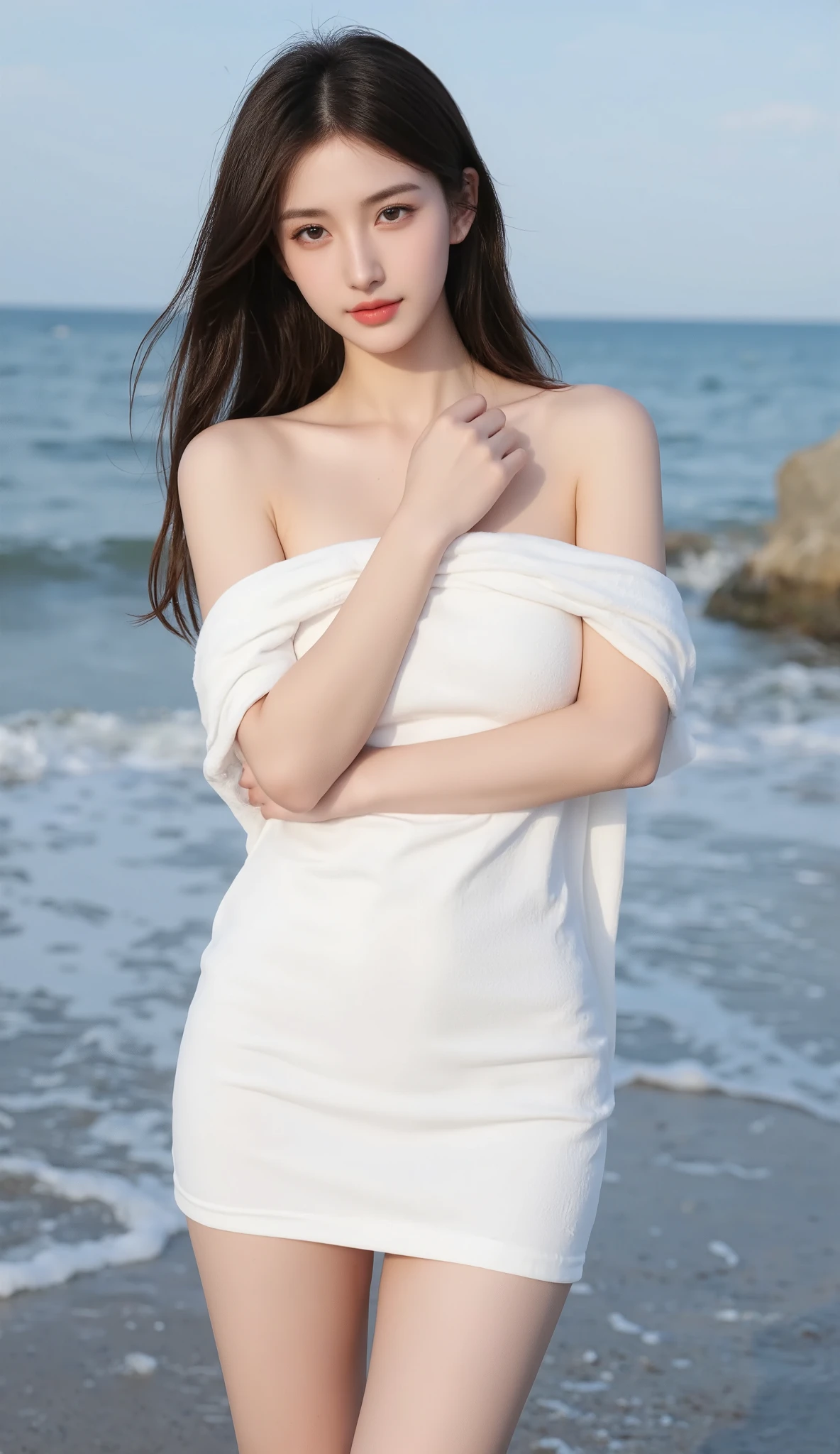 {Top Quality, Masterpiece}, (Realistic: 1.3), Wallpapers, ultra high res, ultra high quality, BREAK {{{FF7,Tifa_lockhart, solo}}},{Ultra-detailed face, Detailed Red eyes},(black Brown Hair, Large breasts: 1.0),(Imaginative Macanese Female Page, background is Unique seaside, at Sunrise), BREAK {wearing oversized loose sweater, off shoulder, Exquisite cloth, white Clothes}, clothed, (No Bra) ,(shiny oiled skin: 1.1), about 18 years old, BREAK {cute, kawaii},{{model pose}}, {{erotic eyes, erotic mouth, erotic face}}