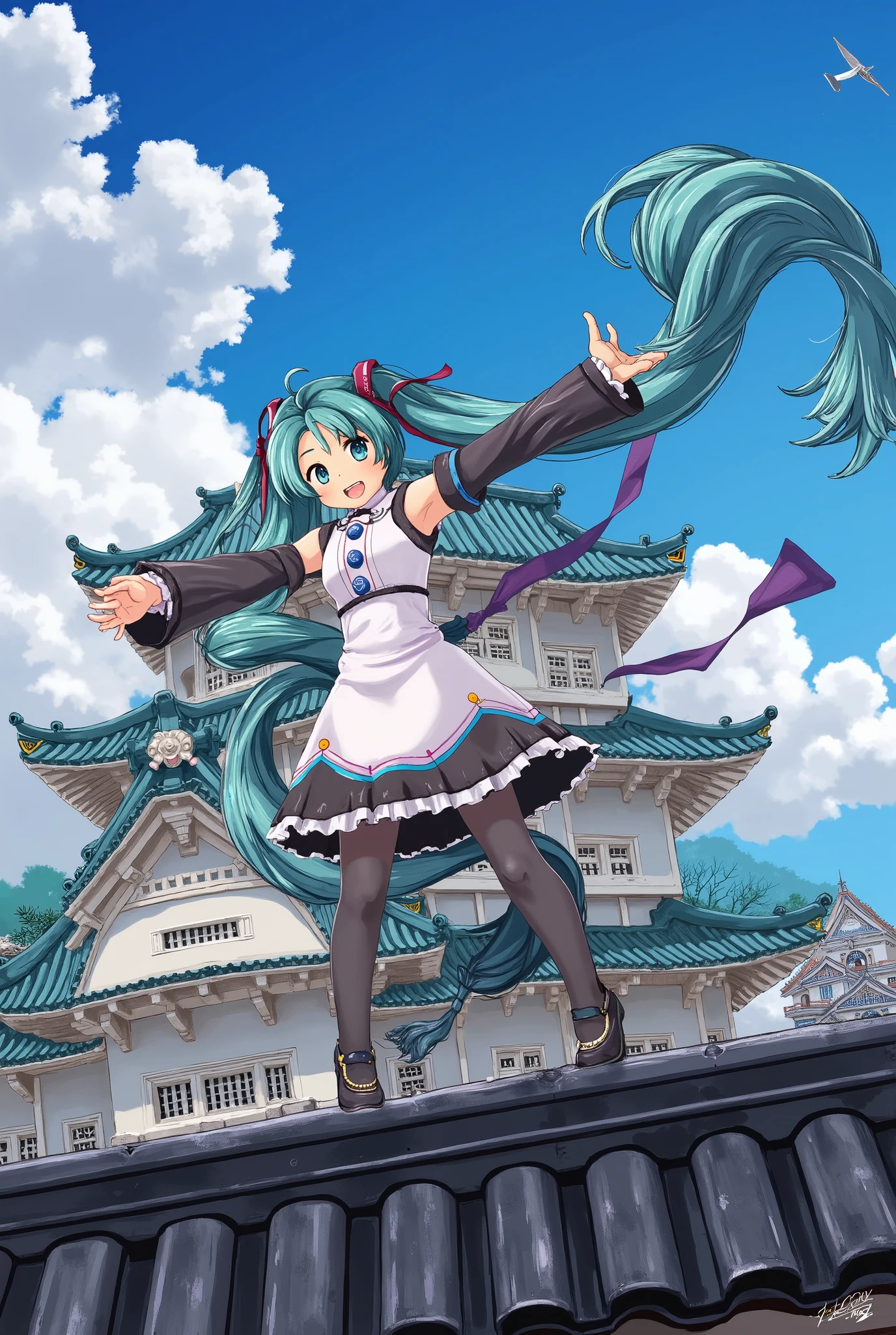 (名作、最高品質、最高品質、公式アート、 美しくて美しい :1.2)、(一人の:1.3)初音ミク、ツインテール,美しい胸, 日本の城の屋根の上のホール々女子高生が堂々と立って視聴者を指差す., バックライト,口を大きく開けて大声で叫んでください