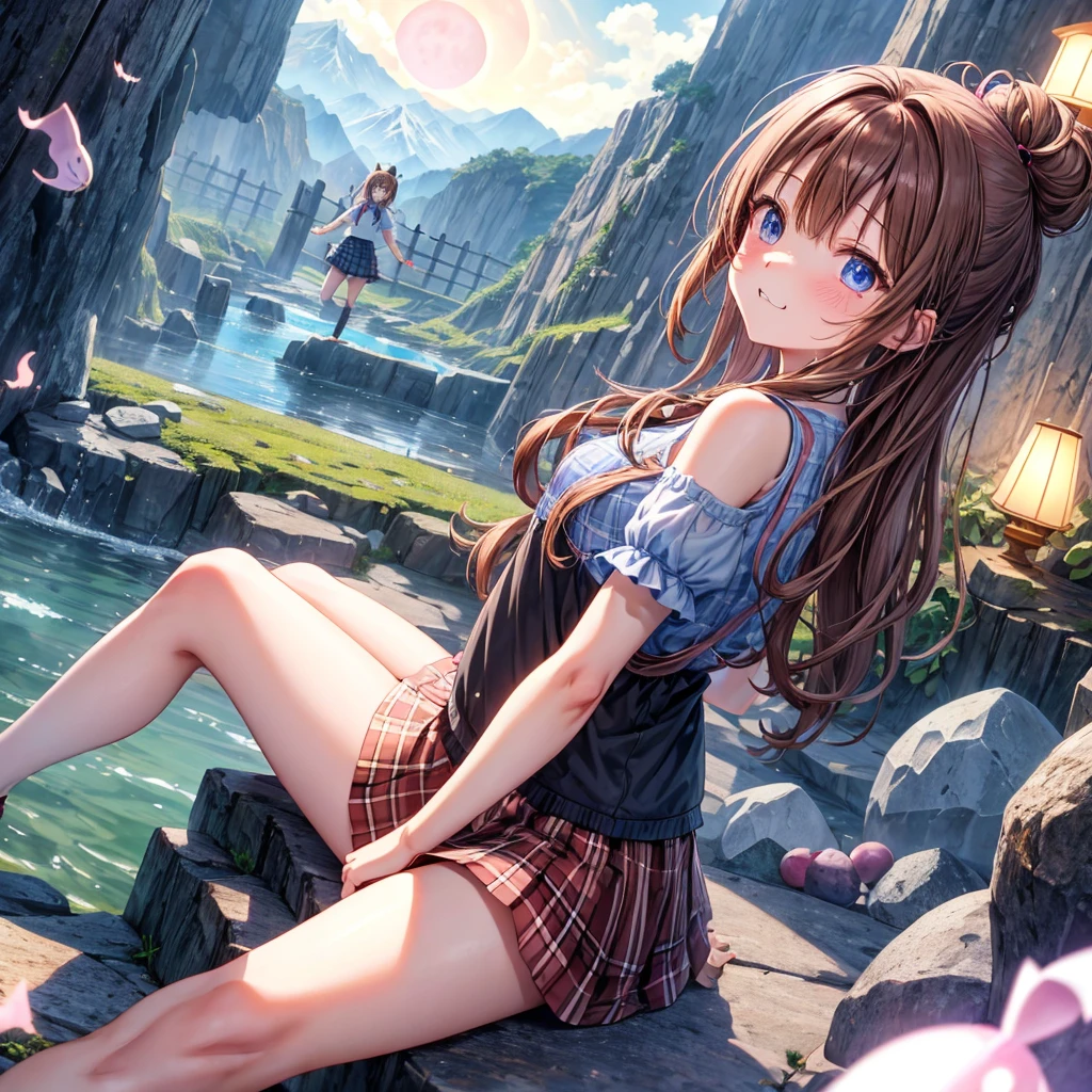 realistically, brown eyes, ponytail, glowing eyes, white short skirt, extra short skirt, Blush, daytime, Wet, see through, sleeveless shirt, nipples, pussy, embarrass, Sit with your knees raised, windy, yami, the skirt is turned up, highest quality, High resolution, highly detailed face, bare crotch, highest detailed CG, perfect hands, perfect anatomy, wind blow skirt up, medium breast