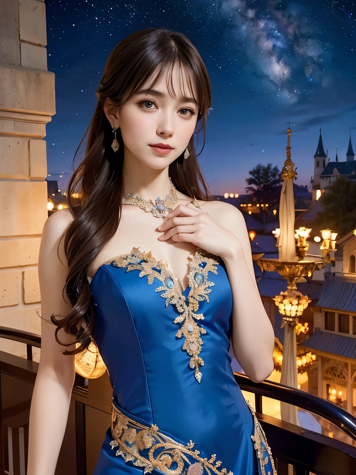 a solo beautiful princess, elegant, detailed, pretty, (rubenesque), (romanesque background), (night sky), elegant detailed dress, (art by dgtlv2 and henry asencio and zeen chin and josephine wall and edwin deakin), (masterpiece), (good anatomy),