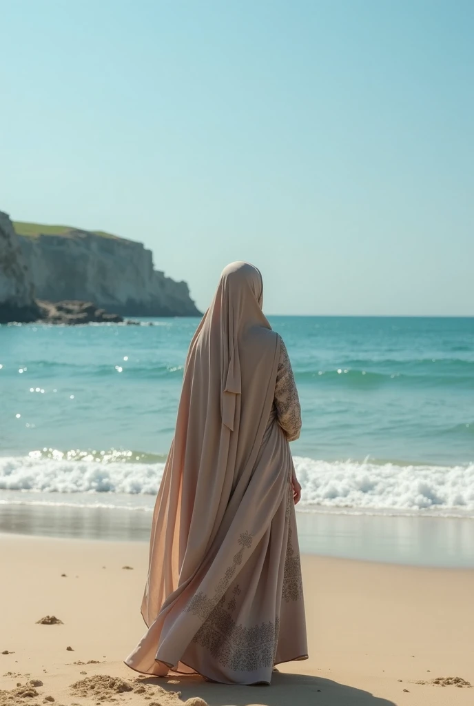 1girl, Solo, High Resolution, Masterpiece, Textured Skin, young women, 20 years old, hijab, gamis, Her whole body was covered by a robe. She is tanding on the beach, The sky is blue and the overall atmosphere of the image is peaceful and serene.High Details, Best Quality, 