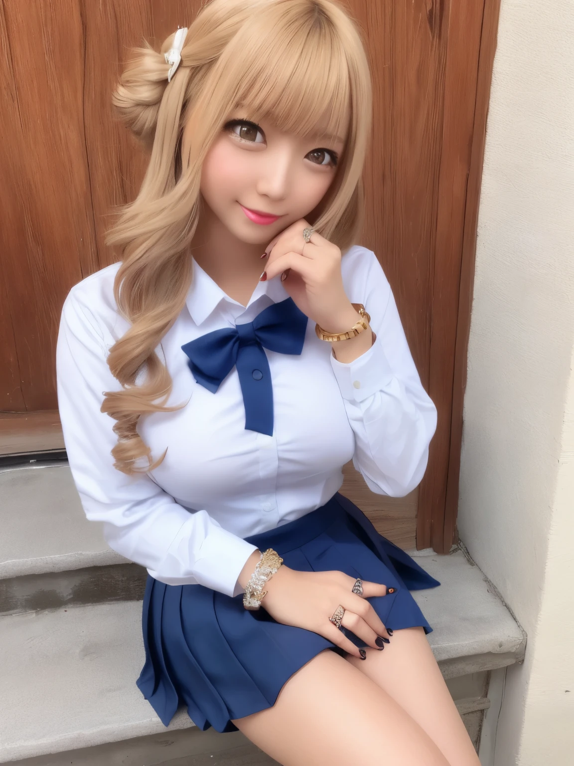 Browsing Caution、throw、Photorealistic perfect body、super high quality、Ultra HD、Japanese、15 years old、(lolita girl:1.2)、、(School Uniform:1.3)、White collar shirt、Micro Mini Skirt、bow tie、(Accentuate your thighs:1.3)、Emphasize cleavage、(smile:1.2)、blonde、(Bumpy Hair/Bouffant/big Bouffant:1.2)、、(Gal-style dense shadow eyeliner:1.2)、(Long False Eyelashes:1.2)、Gal-style makeup、 、(White panties:1.3)、、、 Cowboy Shot、Looking at the camera、From above