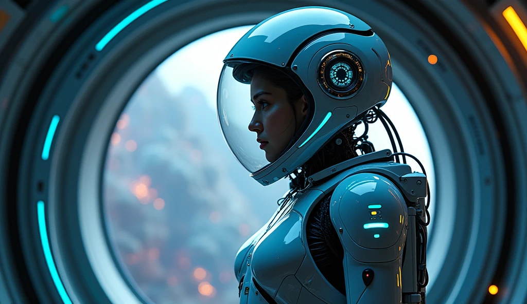 Candid photo of a female engineer repairing the engine of a huge spaceship, Wearing a tight futuristic space suit, masterpiece, (GlassesBig Eyes:1.1), Exquisite detail, Very complex iris, close, Neon Light, thick smoke, Cyberpunk atmosphere, Flash lighting, Shot with a Bolex H16, Expired Ektachrome film