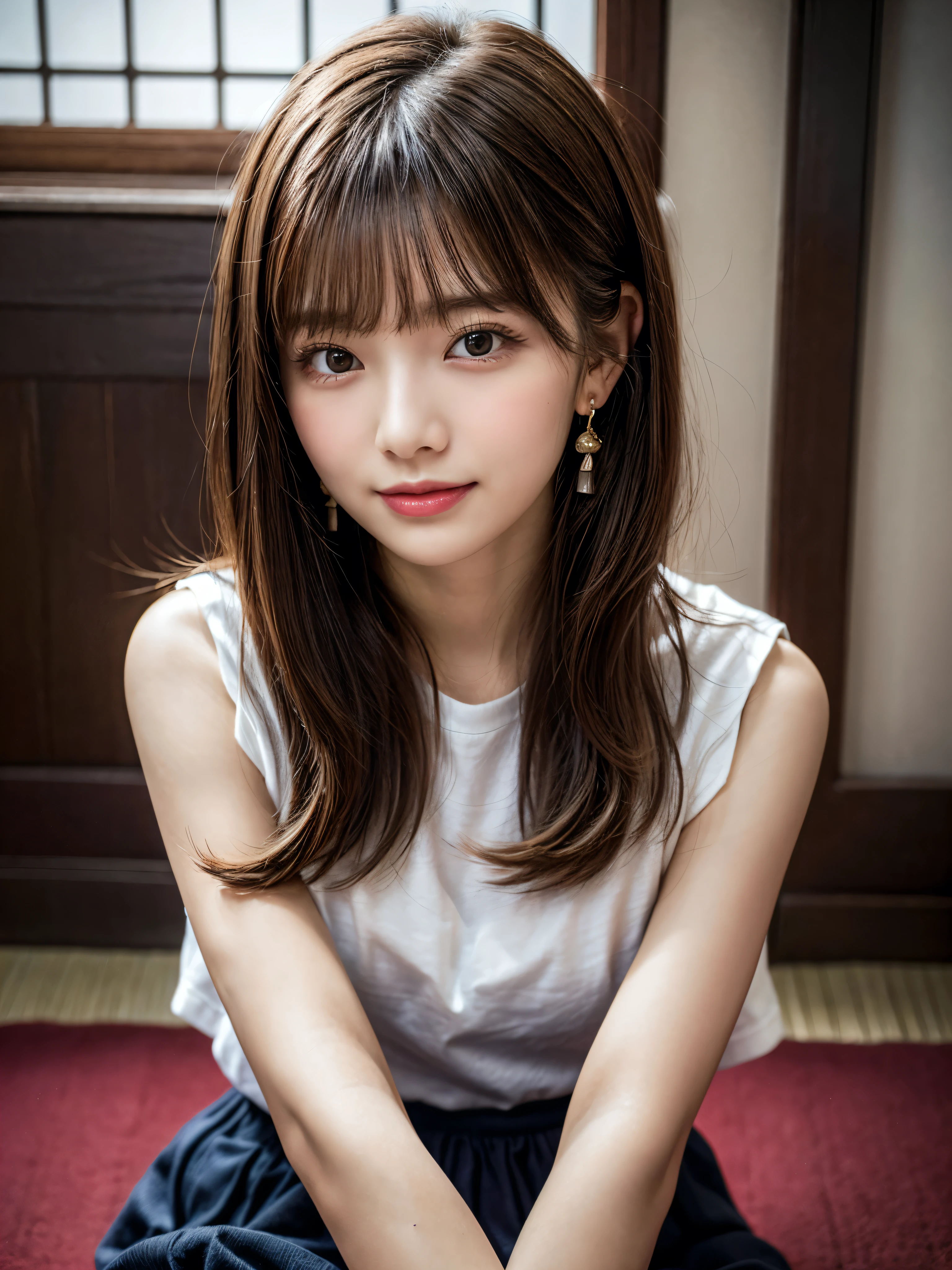 (Masterpiece: 1.3), (Maximum resolution: 1.4), (Ultra HDTV: 1.2), Cinema light, Ultra HDTV, Detailed eyes and skin, Detailed facial features, HDR, 8k resolution, Sharp Focus, Perfect style, beautiful face, highly detailed face and skin texture, detailed eyes, double eyelids, thin eyebrows, (glitter eyeliner: 1.2), pale cheeks, fair skin:1.2, shiny little neckless and earrings, glossy lips: 1.2, (layered hairstyle, (dark-brown hair:1.3), blonde-colored inner hair), medium long hair, BREAK (She is wearing Button Up high-school uniform:1.3), (large breasts: 1.4), (cleavage:1.4), ((She is kneeling to me:1.3)), (gyaru's sister:1.2), (very provocative smile:1.2), (Small and beautiful hard nipple:1.2), (navel baring), BREAK ((Cowboy Shot: 1.2)), ((From a very intimate distance: 1.2)), ((luxury bedroom at night:1.4)), (sweaty skin:1.4),