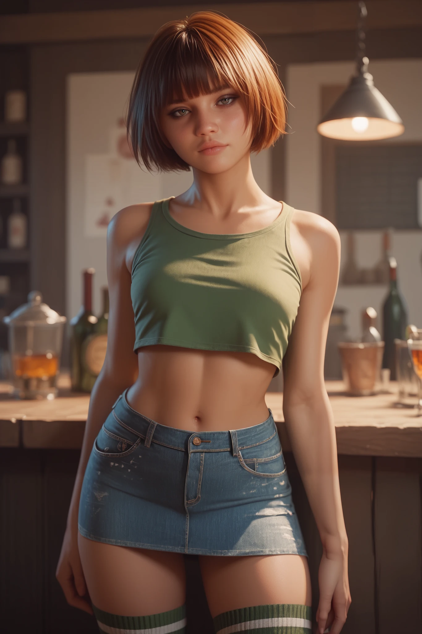score_9, score_8_up, score_7_up, 1 girl, seductive, , short hair with bangs, cropped tank top, denim mini skirt, thigh-high socks, standing in an Irish pub