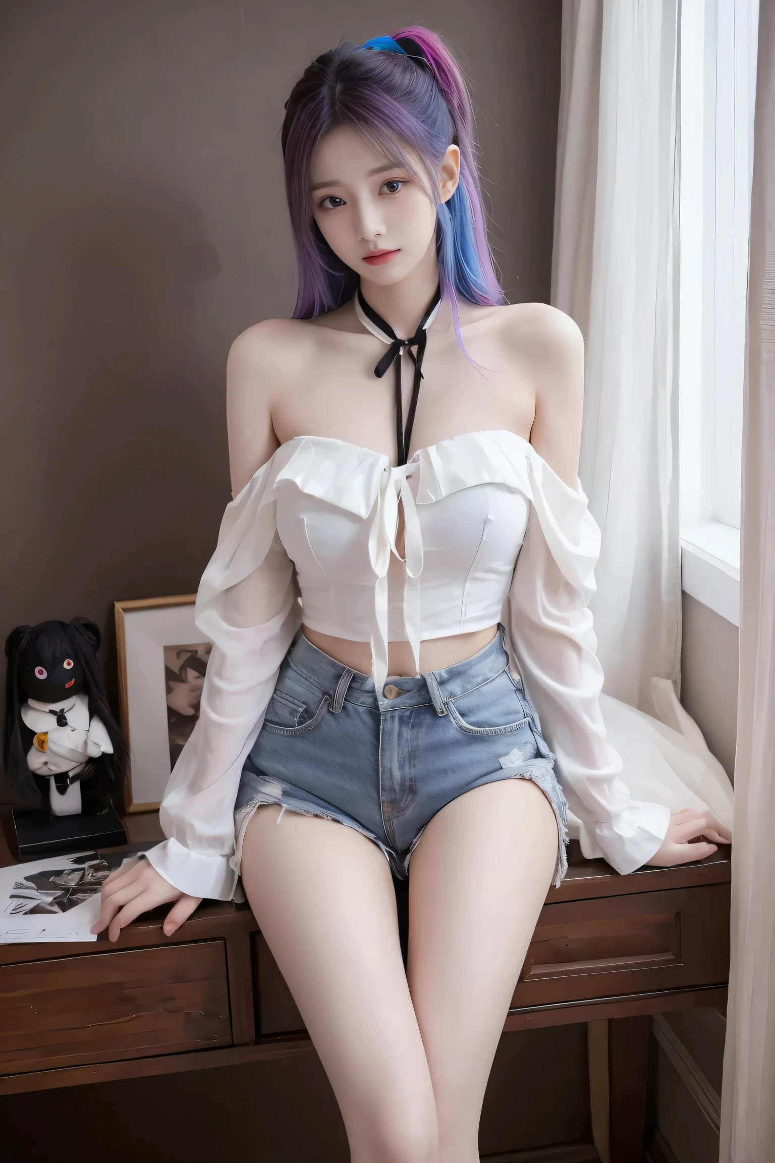 maximum resolution, 8k, 1 girl, Looking at the viewer , white hair, rainbow hair , Multicolored hair, Big Breasts, Dark Makeup, sexy front color ,Women's blouse with open shoulders, shorts,Slim legs,Gundam puppets,