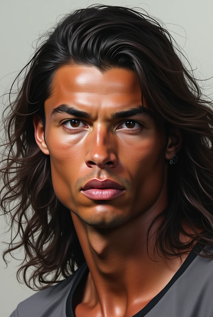 Generate a picture of a Tboli male with olive skin sharp jawline with flat nose long black silky hair and is buff with filipino characteristics with a beautiful filipina