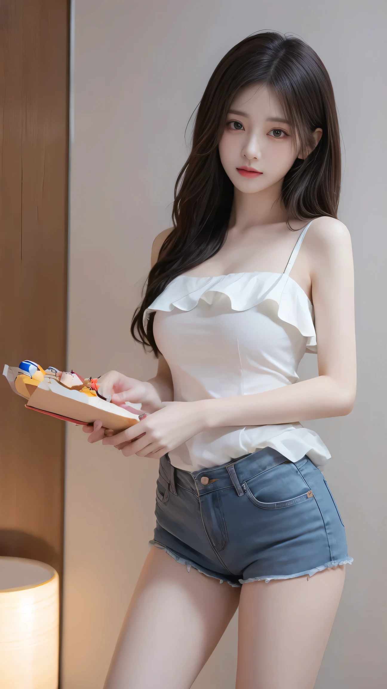 High Resolution, 8k, 1 girl, Looking at the viewer , white hair, rainbow hair , Multicolored hair, Big Breasts, Dark Makeup, sexy front color ,Women's blouse with open shoulders, shorts,Slim legs,Gundam puppets,