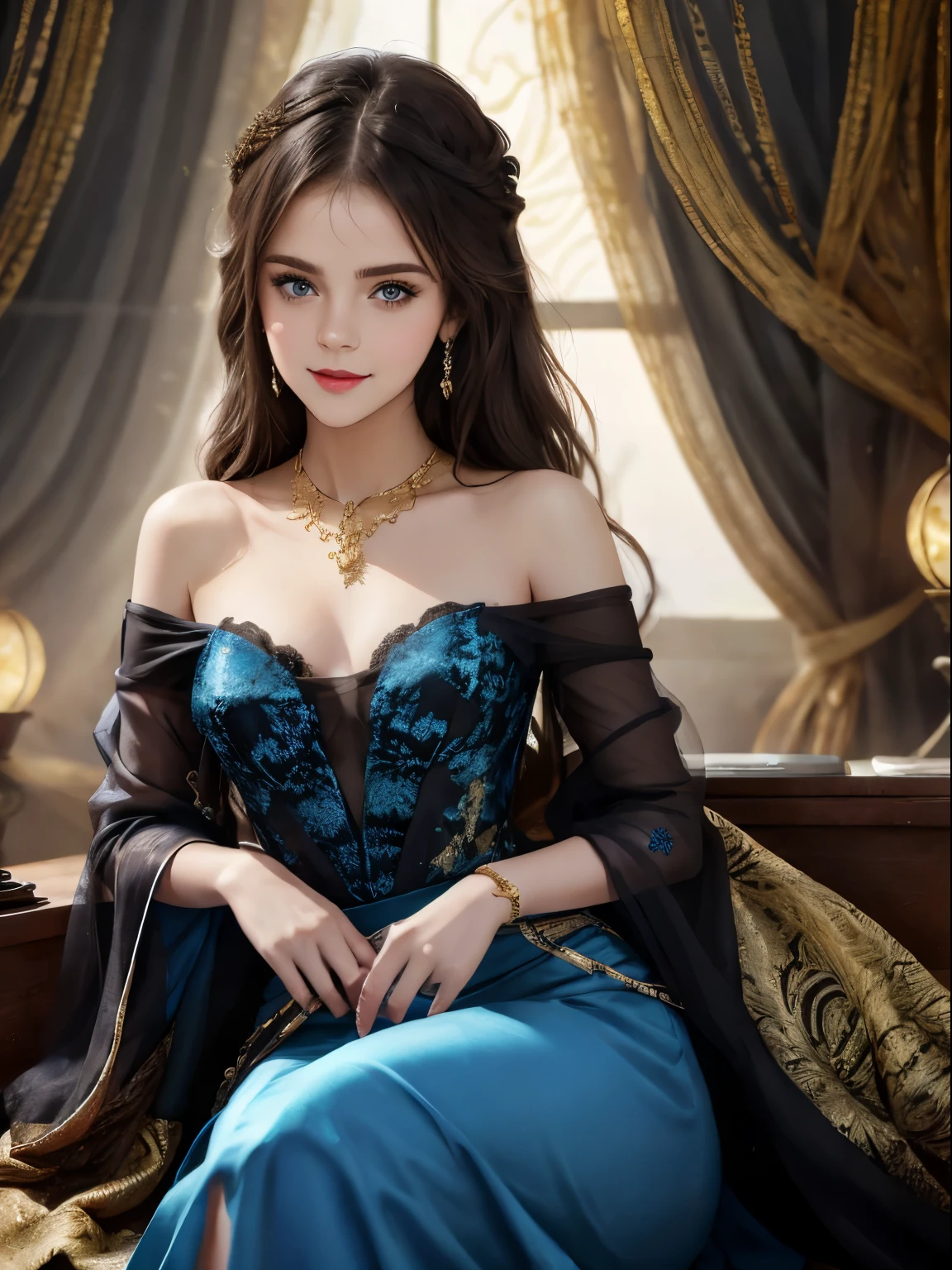 (( huge smiling:0.5)) realistic, photorealistic, masterpiece, best quality, a girl ((Selena Gomez:Emma Watson:0.8)) looking at viewer, happy, long hair, beautifully lips, broad hips, blue eyes ,broad shoulder, indian lahanga, blue lahanga, spreading lahanga, black lace transparent, gold plating, jewellery, DJ lights, sitting, whole body capture,