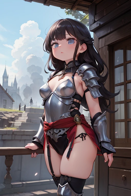 Fantasy worldview、Beautiful woman、A beautiful 17-year-old warrior of the kingdom、((A smile that is loved))、Beautiful braided hair、Beautiful steel armor and a red skirt、Castle Square、A beloved expression、squat、White panties、