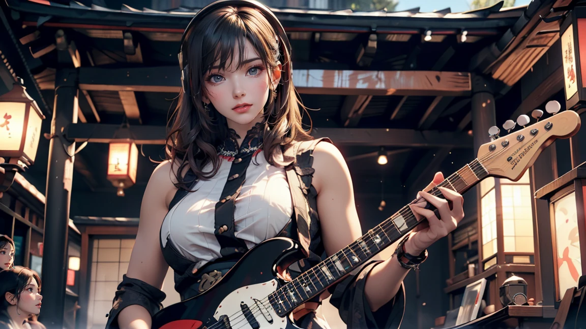 Top quality, masterpiece, ultra high definition, (photorealistic: 1.4), raw photo, cowboy shot, charming smiling girl playing electric guitar on live stage, (dynamic paw), red gradient hair, asymmetrical bangs, bob cut bob cut, cross pendant necklace, earrings, white punk rock costume, colorful live lighting, Neon lights