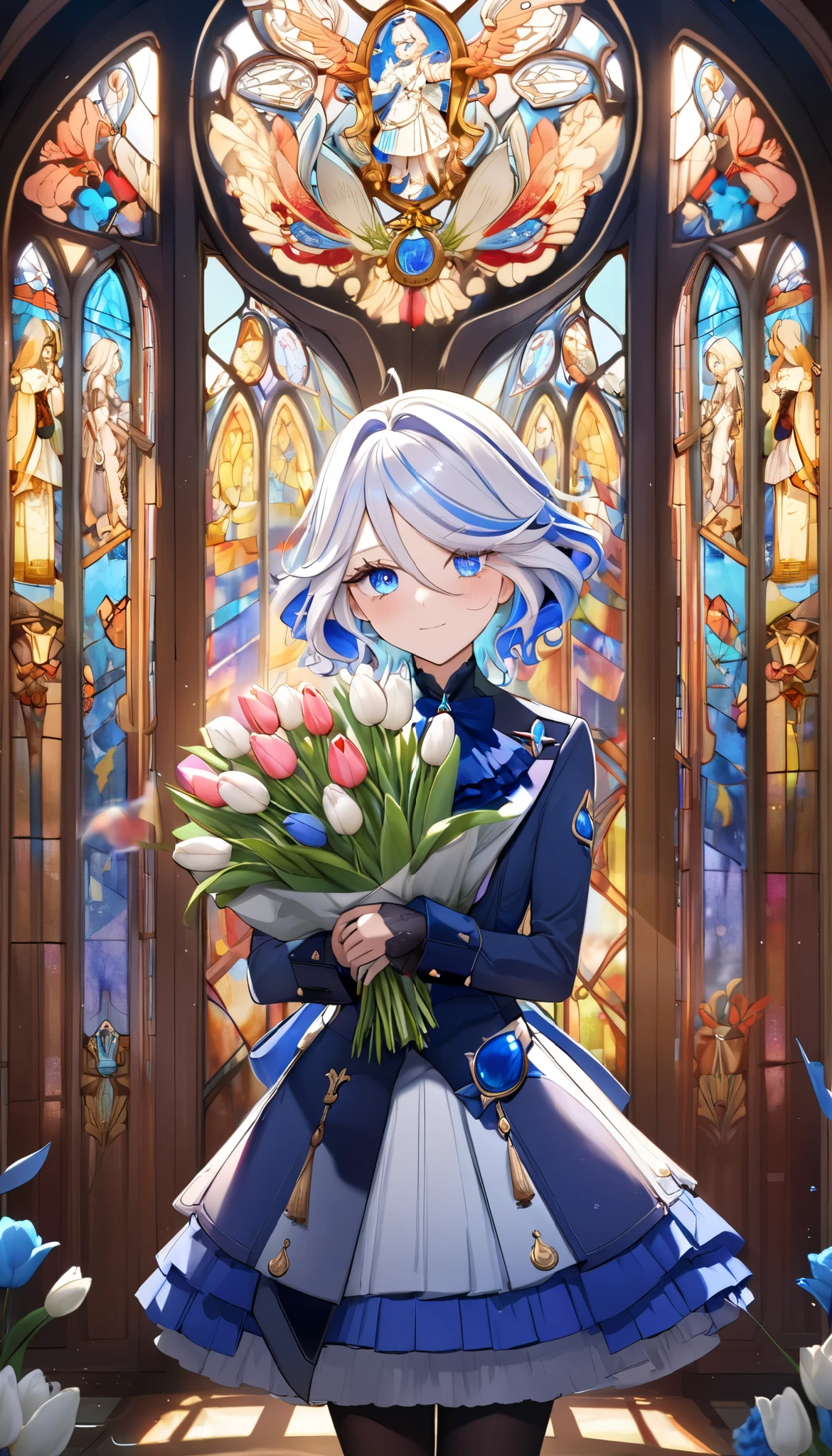 (8k, top quality, Masterpiece: 1.2), (Ameime : 1.37), very detailed from outside the window, close-up, ( Genshin Furina holding a bouquet of tulips:1.2),, , , small faint light , knight , , complicated details, splash screen , Gorgeous church, Stained Glass