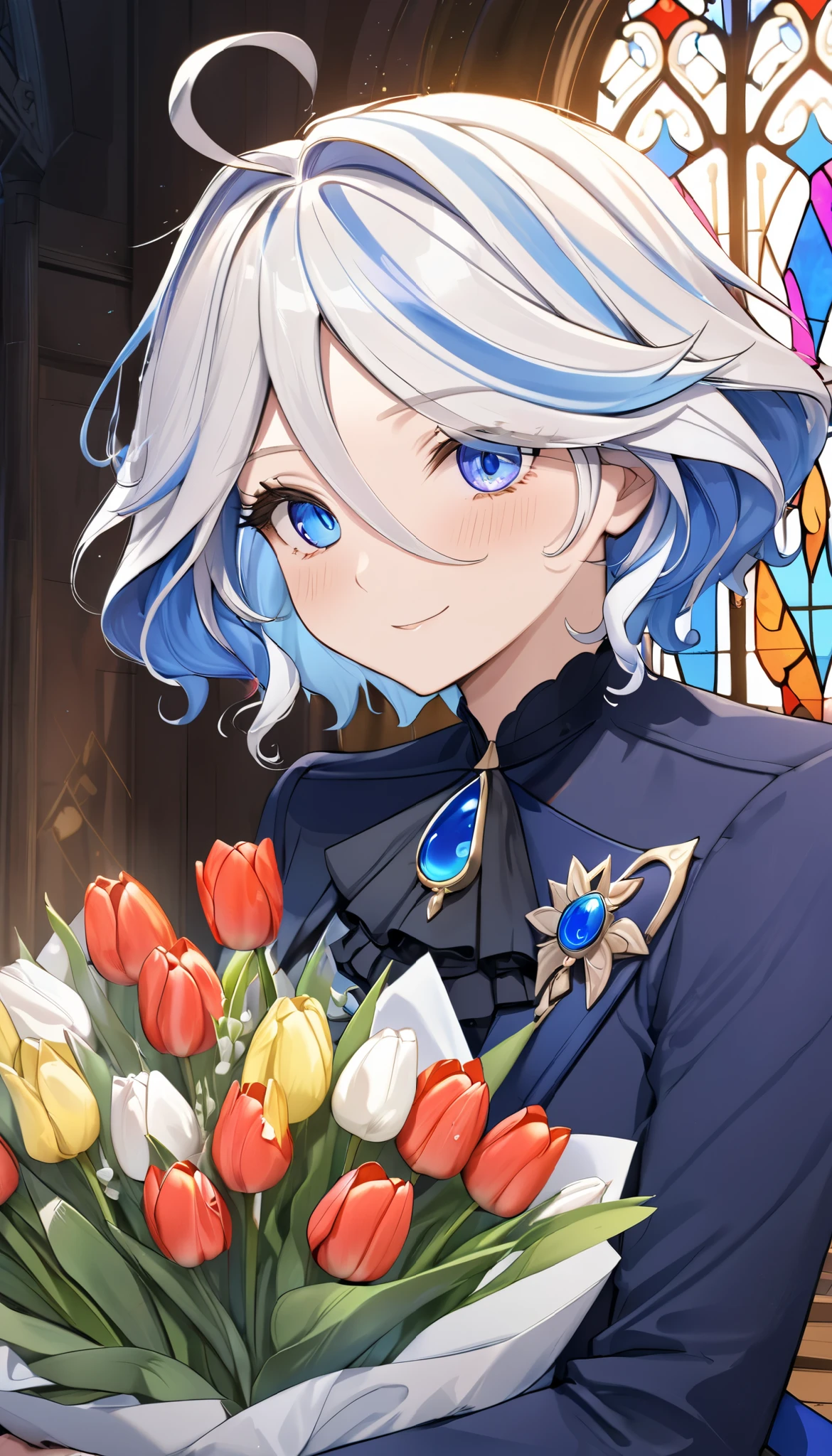 (8k, top quality, Masterpiece: 1.2), (Ameime : 1.37), very detailed from outside the window, close-up, ( Genshin Furina holding a bouquet of tulips:1.2),, , , small faint light , knight , , complicated details, splash screen , Gorgeous church, Stained Glass