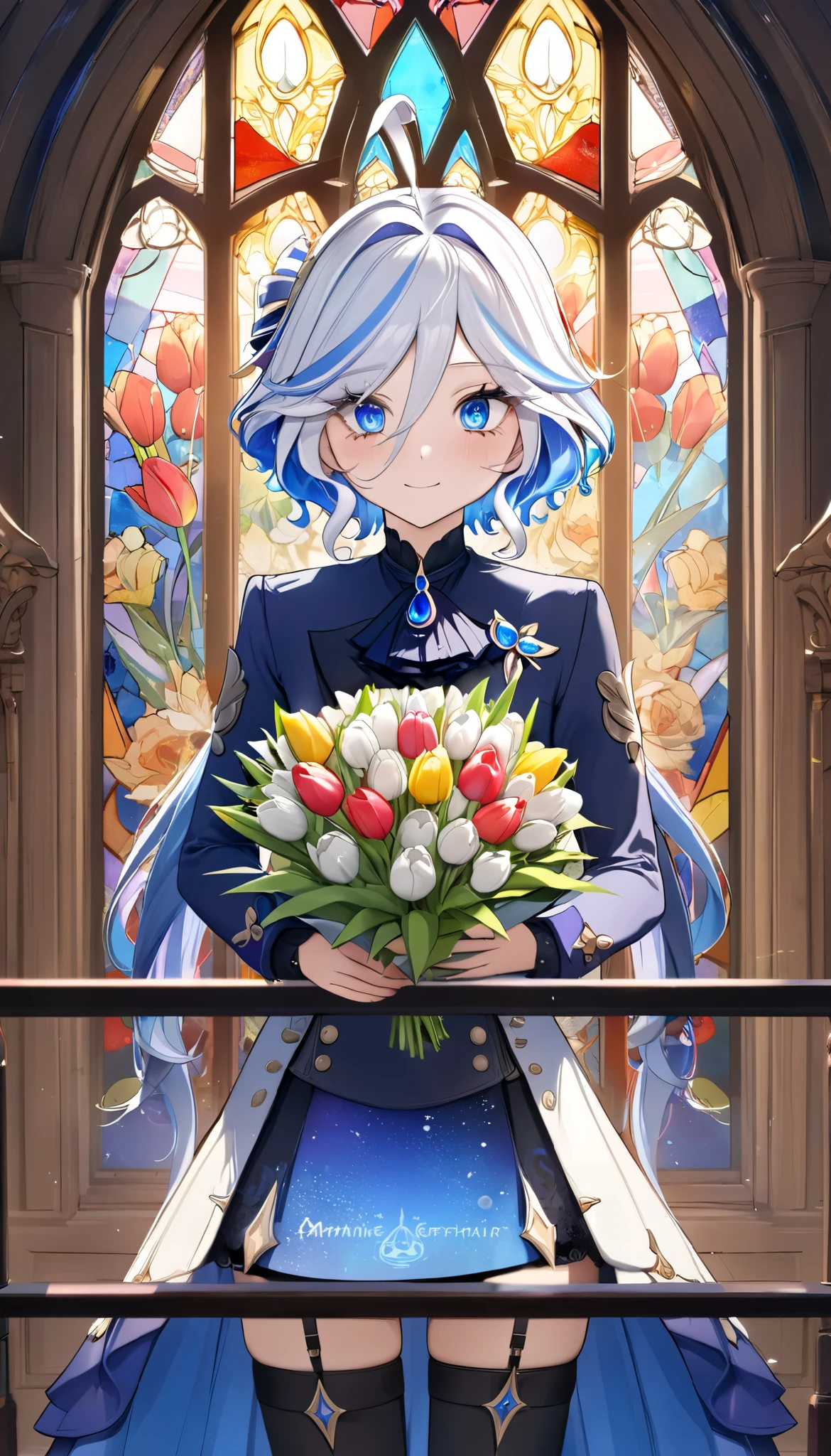 (8k, top quality, Masterpiece: 1.2), (Ameime : 1.37), very detailed from outside the window, close-up, ( Genshin Furina holding a bouquet of tulips:1.2),, , , small faint light , knight , , complicated details, splash screen , Gorgeous church, Stained Glass