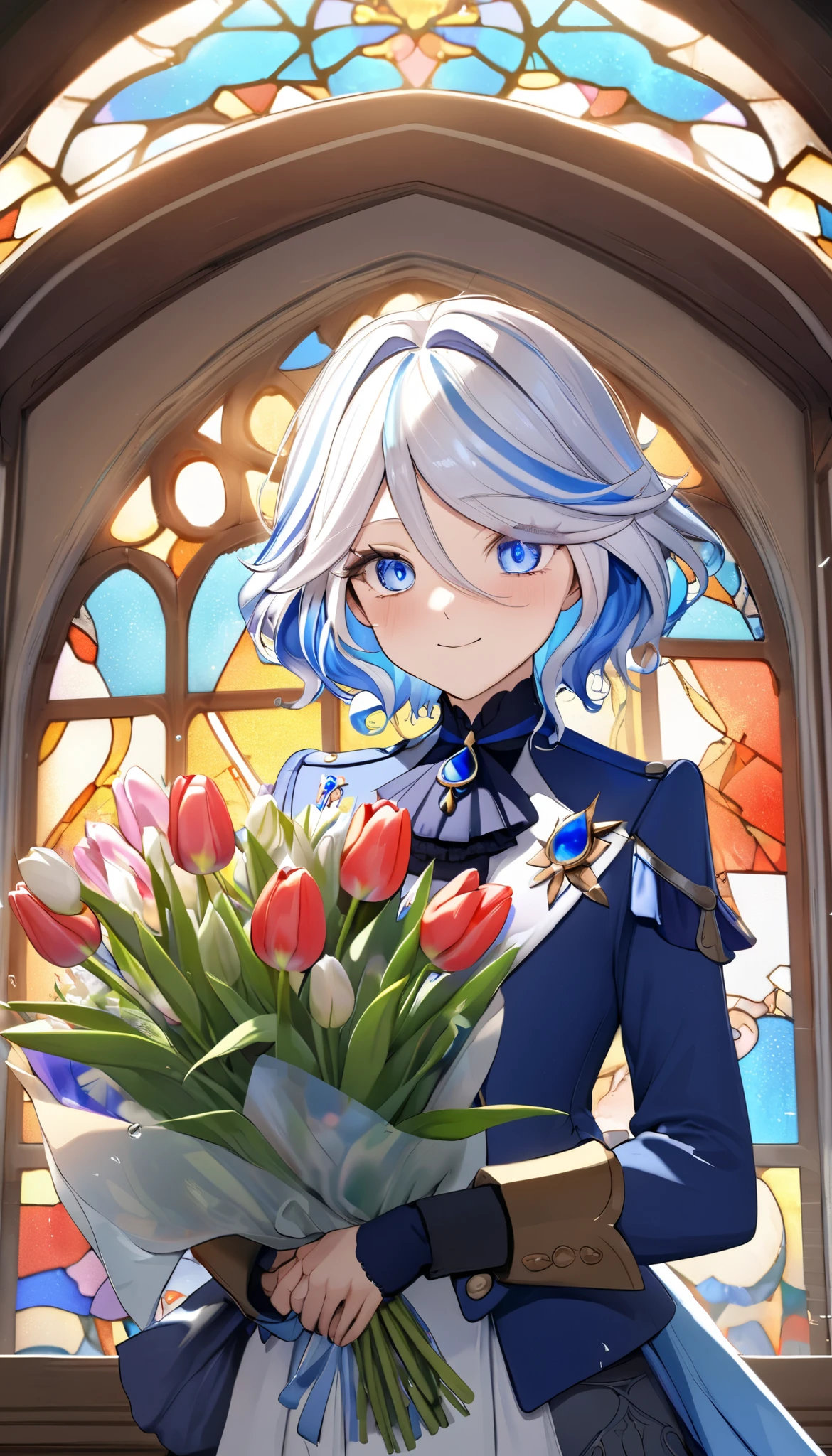 (8k, top quality, Masterpiece: 1.2), (Ameime : 1.37), very detailed from outside the window, close-up, ( Genshin Furina holding a bouquet of tulips:1.2),, , , small faint light , knight , , complicated details, splash screen , Gorgeous church, Stained Glass