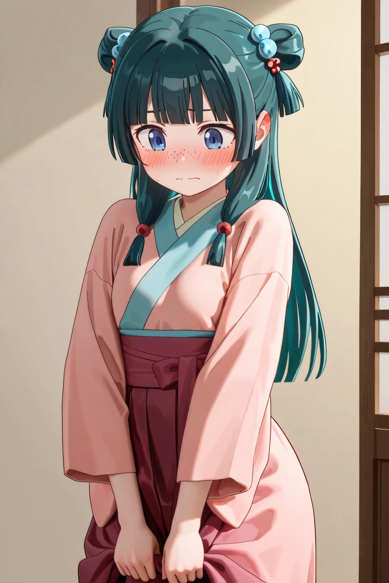 NSFW, Masterpiece, top quality, high resolution, very detailed,maomao、 long hair、bangs、 blue eyes、 hair ornament、 green hair、鈍いbangs、Freckles、 bun hair、 single bun, dress , kimono,Embarrassed,blush