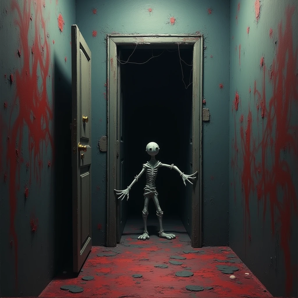 (((Create a hyper-realistic image of a zombie awakening from its slumber in a decrepit old house. The zombie should be rendered in a cadaveric style, with a focus on creating a sense of horror and decay. The image should be set against a backdrop of abandoned furniture and peeling wallpaper, with a minimalist fashion style. The mirror should be rendered in high detail, with a focus on capturing the zombie's reflection.))) --auto