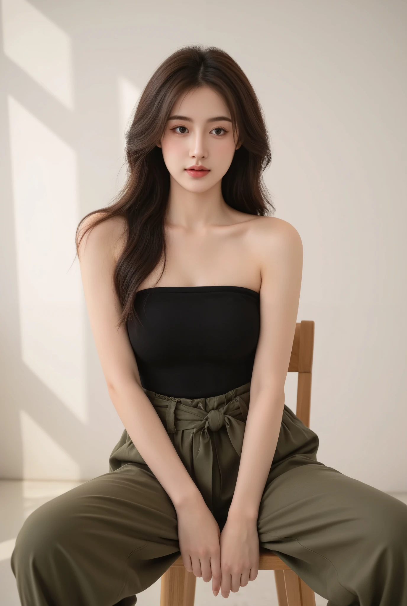 /imagine prompt: A stunning young woman with long, flowing brown hair posing elegantly on a wooden chair. She wears a chic black strapless top paired with stylish olive-green high-waisted pants, tied with a black ribbon. Her makeup is flawless, with bold brows, deep brown eyes, and soft matte lips. She gazes directly into the camera with a confident yet relaxed expression, one arm resting on the chair and the other gracefully touching her hair. The background is minimalistic, featuring a clean white wall with soft natural lighting, creating a warm and intimate atmosphere. The composition exudes modern elegance and fashion editorial aesthetics. High-resolution, cinematic lighting, professional studio portrait, Vogue-inspired --ar 2:3 --v 6.0