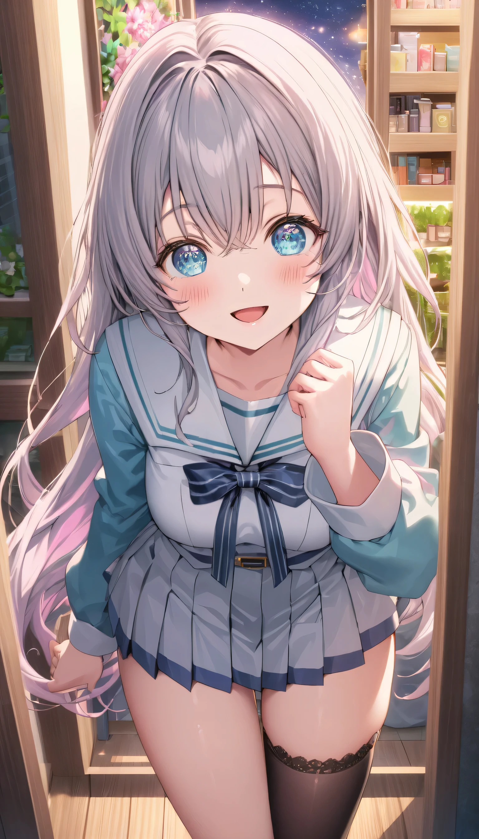 ((ultra-detailed)), (highly detailed CG), (best quality:1.2), ultra-highly detailed, colorful composition, artistic photoshoot, 1girl, solo focus, ((thigh to top:1.4)), ((cowboy shot:1.4)), moe anime character, girl, dainty facial structure, (bab(round face), ((rounded chin:1.2)), ((ideal ratio body proportions)), celia-default, celia claire, (blue eyes), sparkle eyes, pale pink gray hair color, long hair, ample breasts, ((surprised)), ((excited)), (happy), (joyful), (open mouth), school uniform, sailor suit, traditional Japanese style with navy blue and white colors, detailed ribbon and pleated skirt, black high socks, dynamic pose, from front, standing by the akihabara tokyo, shopping building, beautiful detailed night sky, expecting, pink cheek, blush, light pink gloss slip, portrait, depth of field, soft lighting, sidelighting, (shine), lighting, caustics, ray tracing, smile, perfect face, lustrous skin, highly detailed face, highly detailed eyes, perfect face, perfect nose, perfect hair, perfect eyes, perfect anatomy, beautiful hair, beautiful small face, extremely detailed face, beautiful detailed eyes, beautiful clavicle, beautiful body, beautiful ample breasts, leavage, breasts squeezed together, equalize the size of the left and right breasts, beautiful thin thighs, beautiful legs, beautiful fingers, 4 fingers, 1 thumb, lovely, (very detailed background:1.0), (highly detailed background:1.0), spring night aesthetic, intricate details, joyful atmosphere, spring night colors palette, chromatic aberration