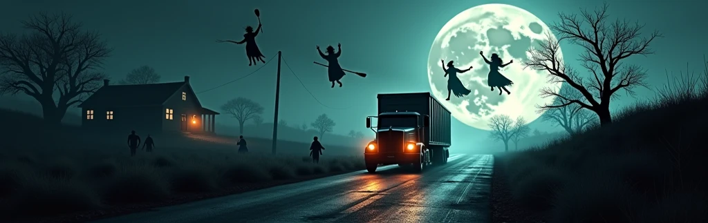 A chilling and eerie YouTube banner for a horror storytelling channel called Cuentos Sombrios, measuring 1546 px by 423 px. The scene is set in a dark and desolate Mexican countryside, with a winding road cutting through the landscape. The background features a massive full moon, glowing eerily in the night sky, casting a ghostly light over the scene. The sky is a mix of deep black and marsala tones, creating a sinister, ominous atmosphere.
On the side of the road, silhouettes of witches can be seen hovering in the night sky, their twisted figures outlined against the moonlight. Some appear to be flying on broomsticks, while others stand ominously near the edge of the road, watching from the shadows.
A large Mexican truck (Camión de carga típico del México) is driving down the road, its headlights cutting through the darkness. The truck looks old and slightly rusted, with faint traces of blood-like stains on its side. The headlights reveal faint figures lurking in the distance, ghostly apparitions barely visible in the thick fog.
The landscape is eerie, with twisted, dead trees casting long shadows, a crumbling stone wall running alongside the road, and a small abandoned house in the distance, its windows glowing faintly with an unnatural light. The whole scene should feel haunting, atmospheric, and deeply unsettling, capturing the essence of Mexican horror folklore.
The lighting should be dramatic, with the full moon providing eerie backlighting, and the truck’s headlights illuminating parts of the road, creating a contrast between light and deep shadows. The composition should be balanced yet chaotic, immersing the viewer in a terrifying landscape.
No text should be present—only a visually striking and deeply unsettling horror scene that captures the essence of the channel and instantly grabs attention.
