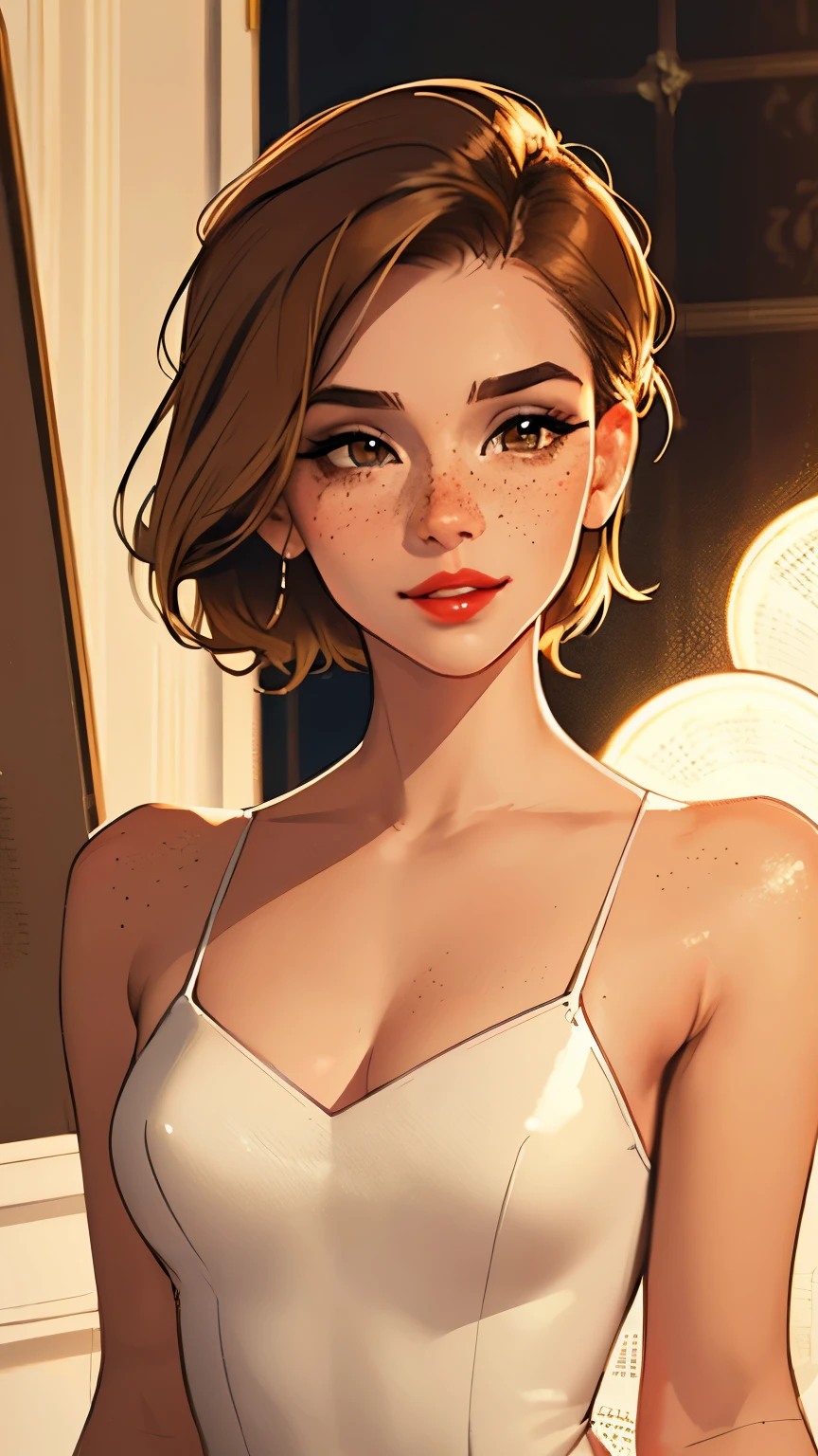 1girl,a beautiful fashion model ,(masterpiece, best quality), shiny short hair, brown hair with blonde streaks ,smirk,juicy lips,red lips, elegant makeup, freckles. fully naked 