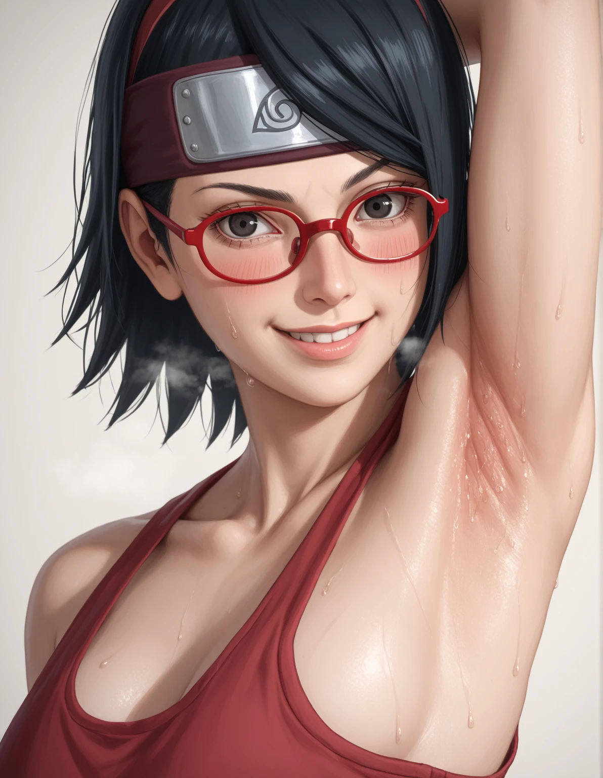 Sarada Uchiha,armpits,armpit,sweaty,sweat,exhausted,tired,both arms raised,ultra HD,village background,awesome armpits,arms up,red rimmed glasses,cross eyed,white eyes,tongue protruded,tongue out,showing tongue,eyes rolling up