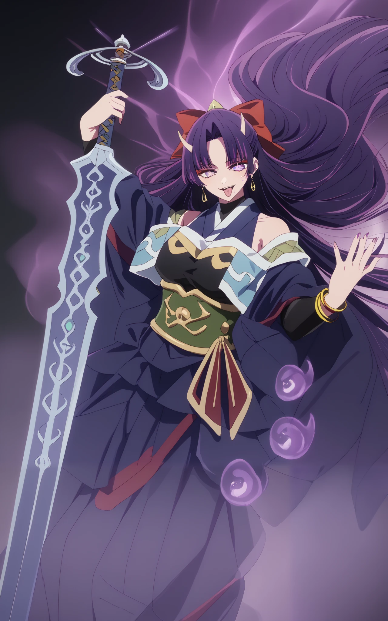 Takahiro style, score_9, score_8_up, score_7_up, score_6_up, uncensored, SHIKOKU_(MATO_SEIHEI_NO_SLAVE), purple hair, purple eyes, slit pupils, long hair, hair bow, red bow, ((parted bangs)), ribbon trim, ((half updo hair)), straight hair, medium breasts, bright pupils, anime coloring, anime screencap, (voluptuous:1.3), (thick:1.3), BREAK UHD, retina, masterpiece, accurate, anatomically correct, textured skin, super detail, high details, high quality, award winning, best quality, highres, 4K, excessive sweating, sweating, sweating drop, (gasping, heavy breathing:1.3), (skindentation:1.2), perfect eyes, beautiful eyes, eyelashes, makeup, detailed body, perfect body, BREAK, eyeliner, breasts, makeup, japanese_clothes, magatama, weapon, sword, kimono, bare_shoulders, smile, tail, looking_at_viewer, jewelry, navel, wide_sleeves, purple_kimono, tongue_out, cleavage, earrings, tongue, sash, thighs, revealing_clothes, bracelet, obi, detached_sleeves, collarbone, smirk, off_shoulder, (aura:1.4), oni, oni horns, multiple horn, glow effect, glowing