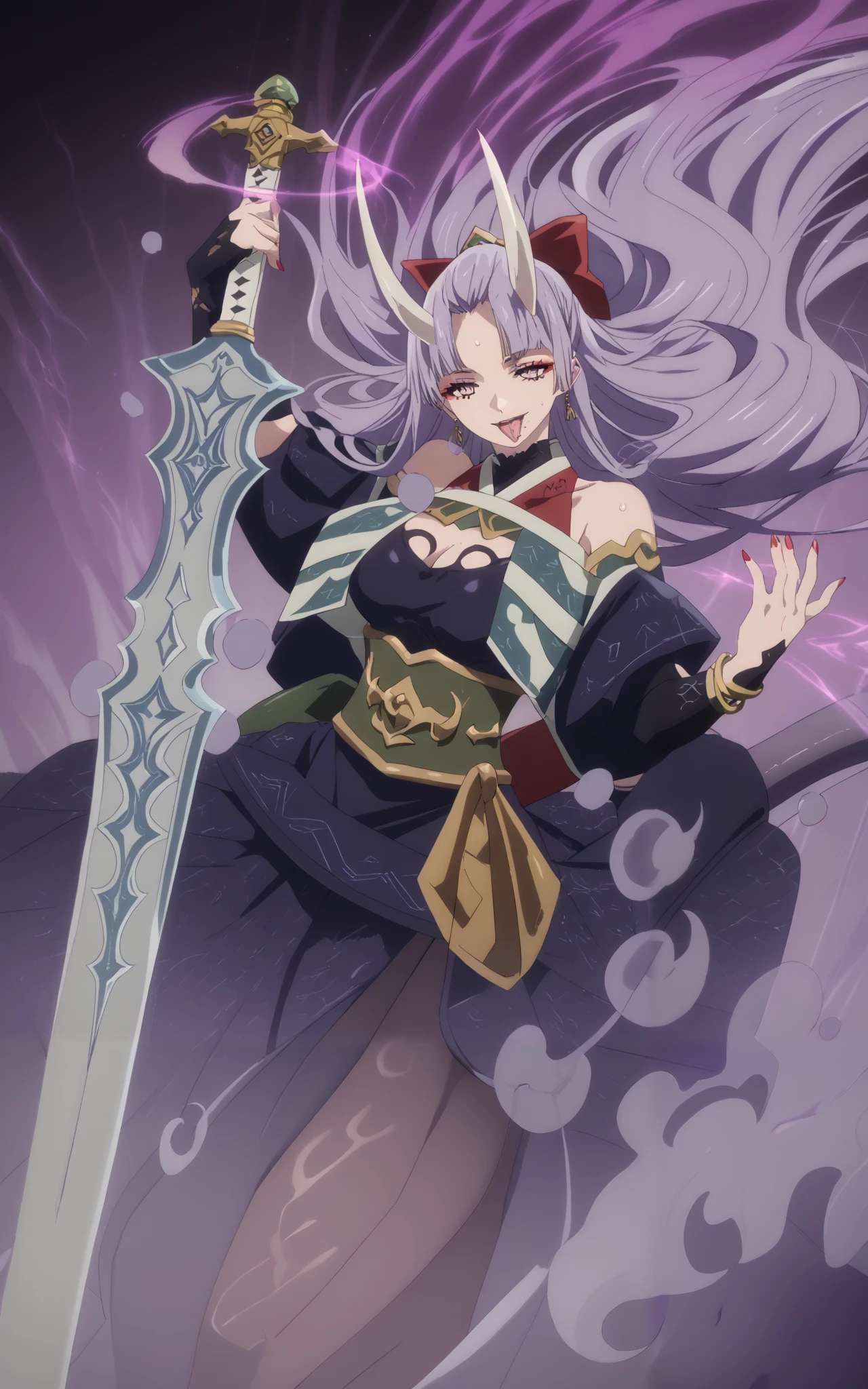 Takahiro style, score_9, score_8_up, score_7_up, score_6_up, uncensored, SHIKOKU_(MATO_SEIHEI_NO_SLAVE), purple hair, purple eyes, slit pupils, long hair, hair bow, red bow, ((parted bangs)), ribbon trim, ((half updo hair)), straight hair, medium breasts, bright pupils, anime coloring, anime screencap, (voluptuous:1.3), (thick:1.3), BREAK UHD, retina, masterpiece, accurate, anatomically correct, textured skin, super detail, high details, high quality, award winning, best quality, highres, 4K, excessive sweating, sweating, sweating drop, (gasping, heavy breathing:1.3), (skindentation:1.2), perfect eyes, beautiful eyes, eyelashes, makeup, detailed body, perfect body, BREAK, eyeliner, breasts, makeup, japanese_clothes, magatama, weapon, sword, kimono, bare_shoulders, smile, tail, looking_at_viewer, jewelry, navel, wide_sleeves, purple_kimono, tongue_out, cleavage, earrings, tongue, sash, thighs, revealing_clothes, bracelet, obi, detached_sleeves, collarbone, smirk, off_shoulder, (aura:1.4), oni, oni horns, multiple horn, glow effect, glowing
