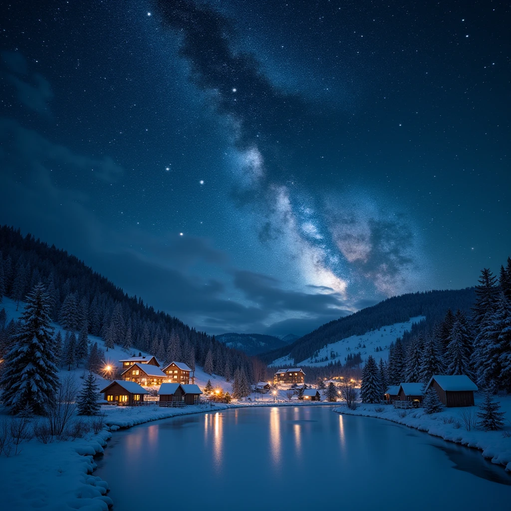 A breathtaking winter night scene with a vivid Milky Way stretching ...