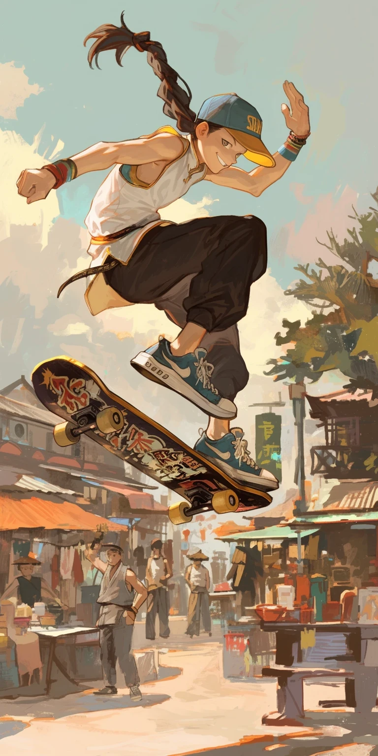 1boy\((Yun\(Street Fighter 4\)), (young), jumping high on skateboard, hand at cap brim, eyes hidden by on deep pulled down cap,(blue cap with (yellow brim:1.2)), long braid hair,black  loose  (Wudang Tai Chi pants),white sleeveless (Wudang Tai Chi Shirt), sneakers,big smirk,slim,\), street of old China countryside market, dynamic Pose, dynamic movement, dynamic angle, action scene, motion blur, vibrant Hong Kong people, rearistic,masterpiece, best quality, dynamic concentration line
