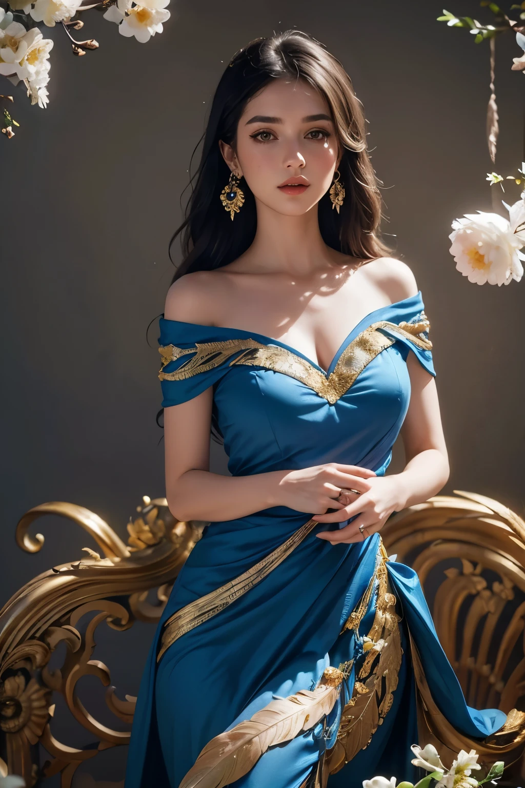 A Girl,huge breasts,Off Shoulder,golden hair,Colored Feathers,Metal Ornaments,colored flowers,Particles,rays of light,(masterpiece, top quality, best quality, official art, beautiful and aesthetic:1.2), (1girl:1.3), extremely detailed,(fractal art:1.1),(colorful:1.1)(flowers:1.3),highest detailed,(zentangle:1.2), (dynamic pose), (abstract background:1.3), (shiny skin), (many colors:1.4), ,(earrings:1.4), (feathers:1.4)