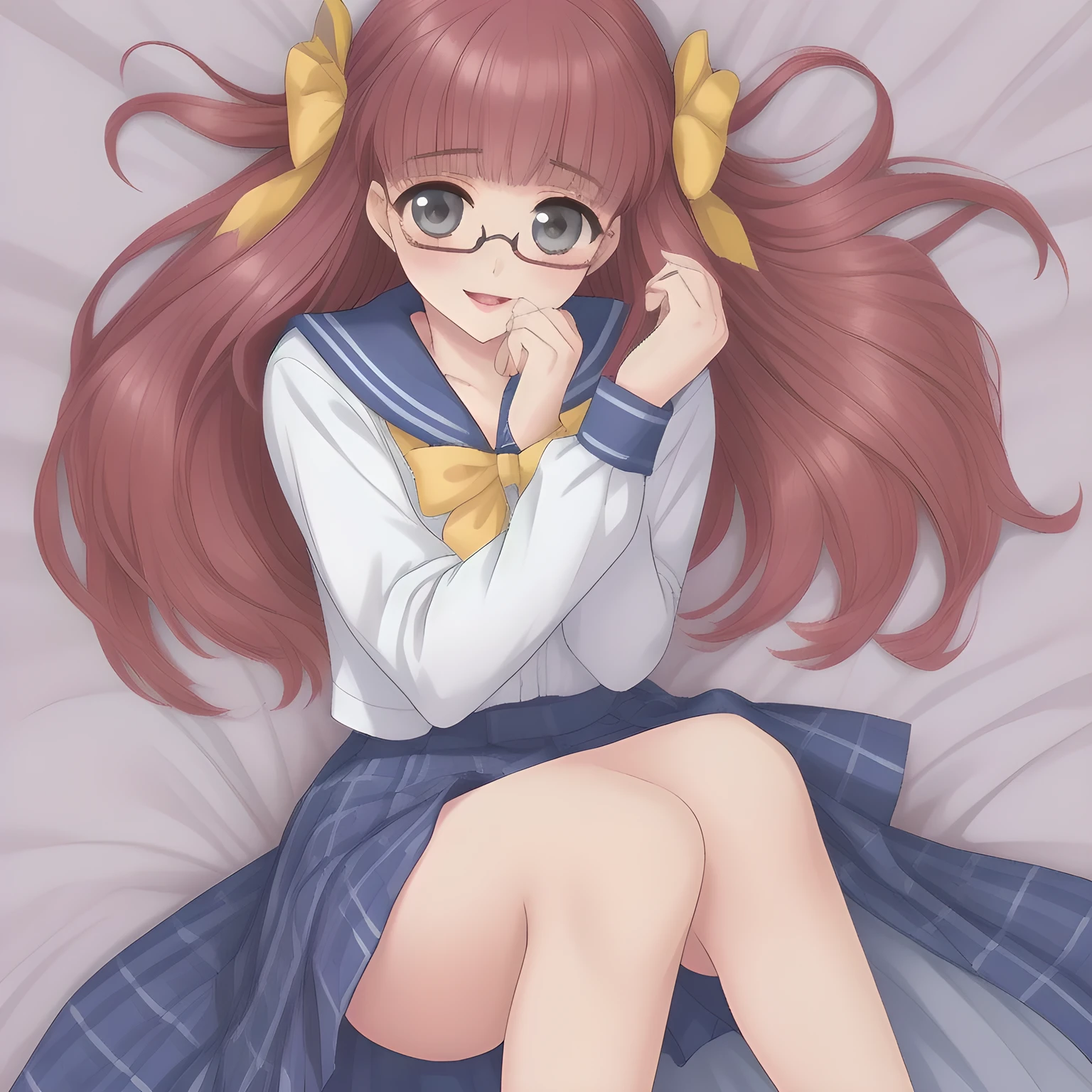 (highest quality, masterpiece: 1.6), (((A too beautiful intelligent high-class lady)) is lying down on a gorgeous bed ((in a lewd dream of school uniform chorus)) and (looking at me with pretty open mouth and lovely lips), (extremely satisfying the viewer's shameful fetishism to school uniform with her friends), (hiding her own mouth with her fingers), (Too Beautiful beautiful anime noble heroine), (like fashion models), beautiful sad noble elegant neat anime heroine wares (neat white girly blouse) and (tartan checkered navy blue very-glossy pleats school skirt), (pretty shiny large yellow ribbon made of silk on the breast), (beautiful legs), (pulling me into (deeper lewd harem dream of intelligent school-uniformed siren and succubi)), (feminine elegant intelligent sailor-style uniform), (expensive glasses): 1.5), (Anime-heroine's girly noble sad (very intelligent sad eyes) shines and has strong effect to hypnotize the viewer fall into love: 1.6), (Eyes, face and hair are especially beautifully detailed and beautifully drawn to hypnotize deeper: 1.5), (Very beautiful, wavy, cutely super-super-long wavy gorgeous rich hair like hair model, with elegant big yellow hair ribbons: 1.3), (Perfect slender body style like a fashion model), (The girl is too much beloved because of her beauty and seducing proportion and lovely fashion and noble manner and magic-charm like succubus: 1.2), (take a shot of her perfect style: 0.9), ((too elegant smile), very elegant noble pose, pretends to love the viewer, fascinating with charm of (love hypnosis of lewd harem dream), Strong pleasant smell of young girls: 1.5), (Soprano profound voice: 1.2)