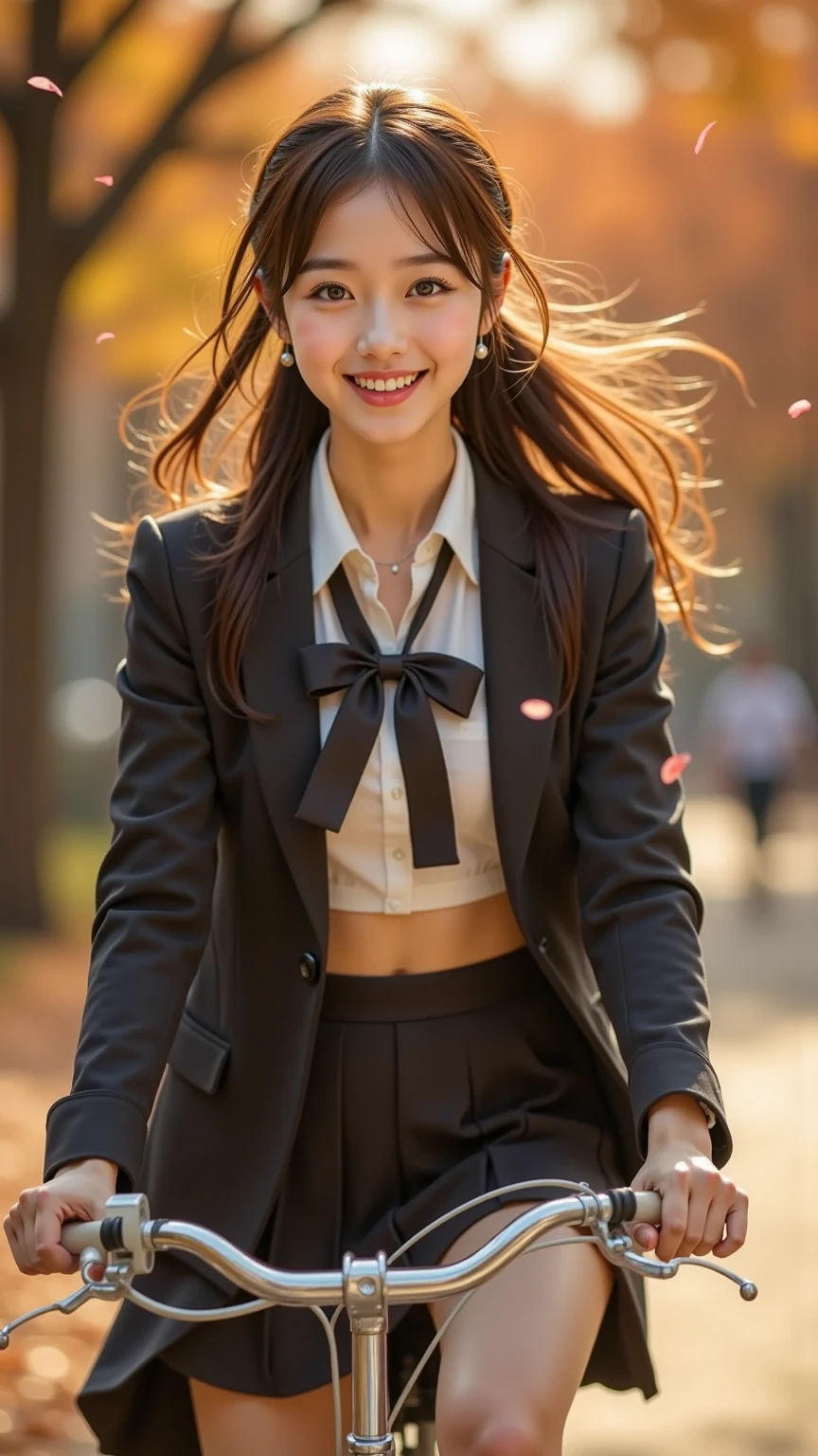 (masterpiece, best quality, ultra-detailed, 8k  photorealistic), 1 girl, curvaceous but slender body, medium hair, black hair, bangs, floating hair, black jacket, open jacket, white shirt, expressionless, yellow necktie, black skirt, spotlight, sunshine, sunrise, gradient sky, city, lens flare, indian girl [[curvy]], [mature female]