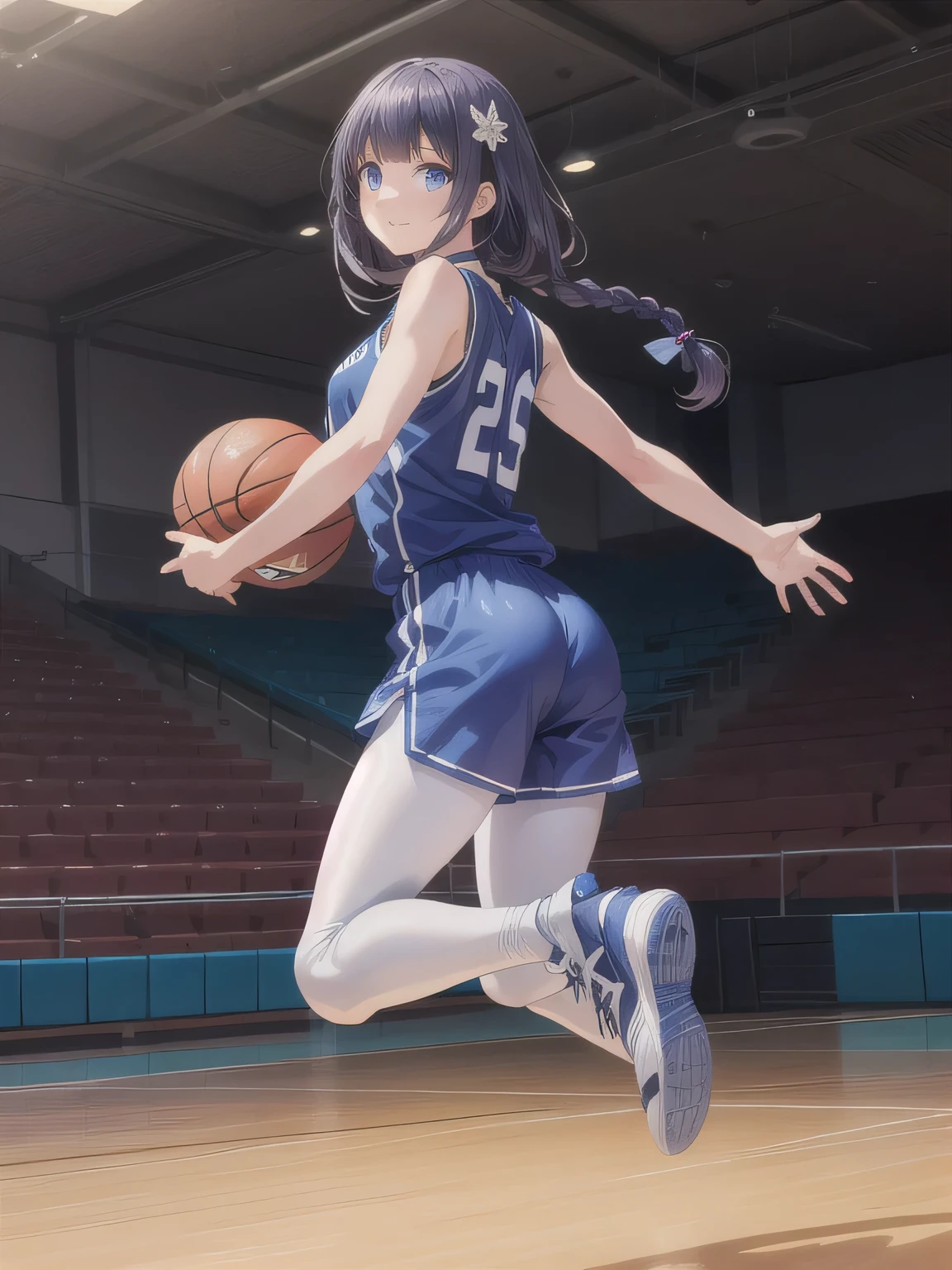 A young female basketball player executing a dynamic jump shot with precision and grace. The basketball is held firmly in both hands as she aims for the hoop, her form exuding confidence and mastery. Her slim-fit basketball uniform highlights her athletic build, while black high socks and matching sneakers provide a sleek and modern look. Her neatly braided black hair arcs through the air as she leaps, with her intense black eyes fixed firmly on the goal. The polished wooden floor of the brightly lit gymnasium reflects the action, emphasizing the energy, elegance, and competitive spirit of the moment. smiles gently, FRIENDLY. ( RAW photos , top quality ), ( realistic , photo- realistic :1.4), masterpiece, extremely delicate and beautiful, extremely detailed, 2k wallpaper, amazing on the beach, Detailed description, extremely detailed CG unity 8k wallpaper, ULTRA DETAIL, high res, Soft light, beautiful detailed girl looking back, extremely detailed eyes and face, beautiful detailed nose, beautiful detailed eyes, cinematic lighting, Perfect Anatomy, slender body. long hair, blue eyes, hair ornament, purple hair, pantyhose, choker, smile.