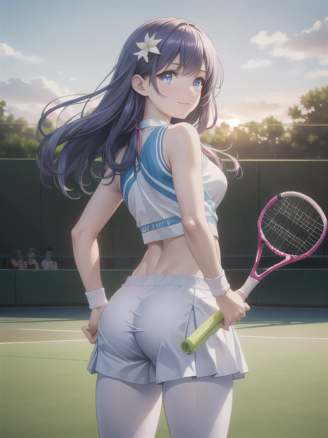 A young female tennis player dressed in a sleek blue tennis outfit stands ready, with her white undergarments visible. gripping her tennis racket with both hands in a poised and focused stance. The sunlight highlights the crisp lines of her attire and the polished strings of the racket. Her determined gaze locks onto an unseen opponent, exuding confidence and anticipation. The lush green grass of the tennis court extends into the distance, framed by a clear blue sky. This dynamic scene captures the perfect blend of elegance, power, and athletic prowess, showcasing her readiness to strike with precision and grace. smiles gently, FRIENDLY. ( RAW photos , top quality ), ( realistic , photo- realistic :1.4), masterpiece, extremely delicate and beautiful, extremely detailed, 2k wallpaper, amazing on the beach, Detailed description, extremely detailed CG unity 8k wallpaper, ULTRA DETAIL, high res, Soft light, beautiful detailed girl looking back, extremely detailed eyes and face, beautiful detailed nose, beautiful detailed eyes, cinematic lighting, Perfect Anatomy, slender body. long hair, blue eyes, hair ornament, purple hair, pantyhose, choker, smile.