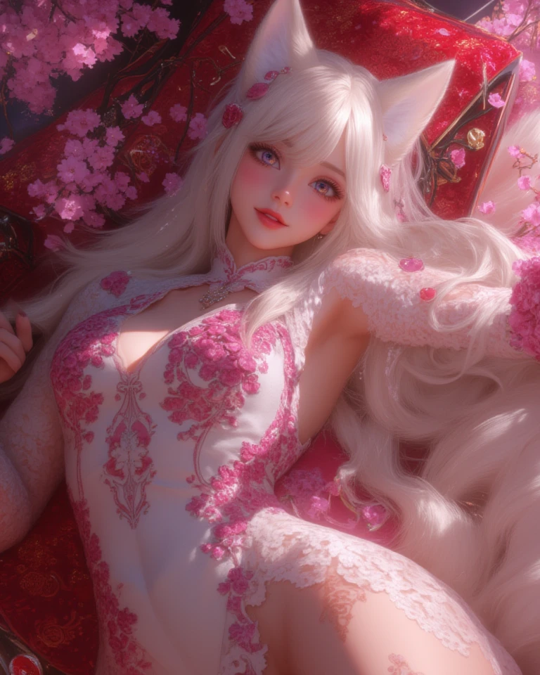 Cinematic Light, sidelighting, Lens Flare, Ray tracing, sharp focu, award winning,masterpiece,best quality,ultra-detailed,8K,detailed light,detailed shadow,RAW, (detailed skin:1.3),(realistic:1.3), 1 russian girl ,(:1.5),((white hairs:1.5)), (blue eyes:1.3),((delicious pink pussy :1.5)),(ultra realistic pussy :1.5),((solo girl)),(pussy juice flowing: 1.7),(( pussy full of cum : 1.9)),((sitting in a garden of flowers )) ,long hairs,((innocent face : 1.5)),(((happy face))), cat ears, beautiful goddess from heaven, in a very magnificient and expensive kimono
