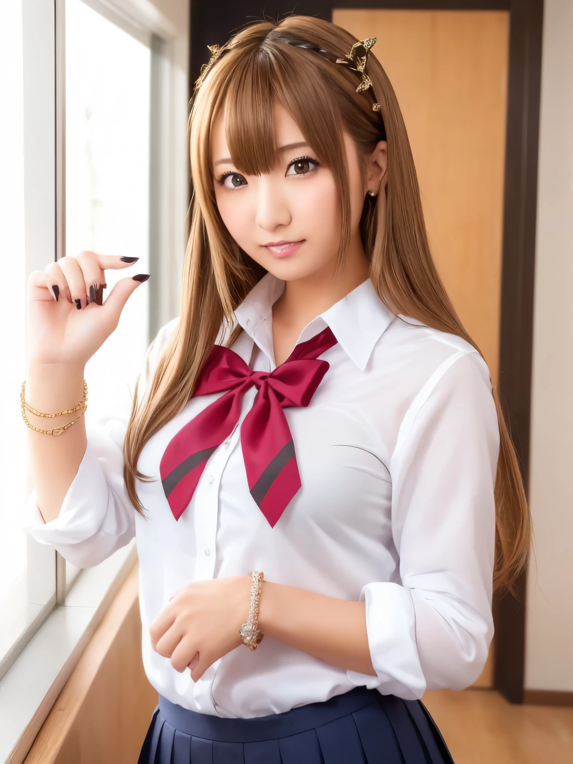 8k, Solo Beautiful (Kogal gyaru) girl, 2 hair accessories , jewelry, Compensate, bracelet, Manicure, Compensate,
(( school uniform)), bow, skirt, sweater ,
honey blonde hair